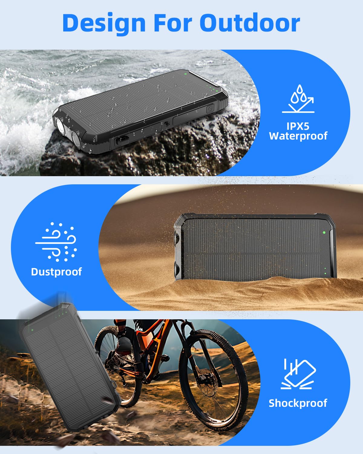 Nuynix Solar Power Bank 20000mAh, Wireless Fast Charger with 3 Built-in Cables, USB-C Output Portable Battery Pack, Dual Flashlights Power Bank for iPhone 17 16 15 14, Samsung Galaxy, Camping
