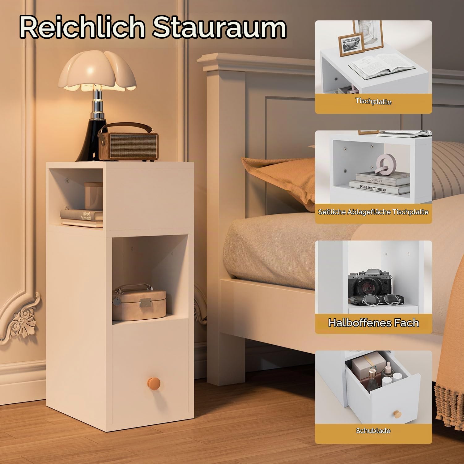 IBUYKE Nachttisch 2er Set, Schmal Beistelltisch,weiß WNS006W-2 | Kleiner Nachtschrank mit Schublade und 2 offene Fächer,Platzsparend,Bedside Table für Schlafzimmer,Wohnzimmer,Arbeitszimmer