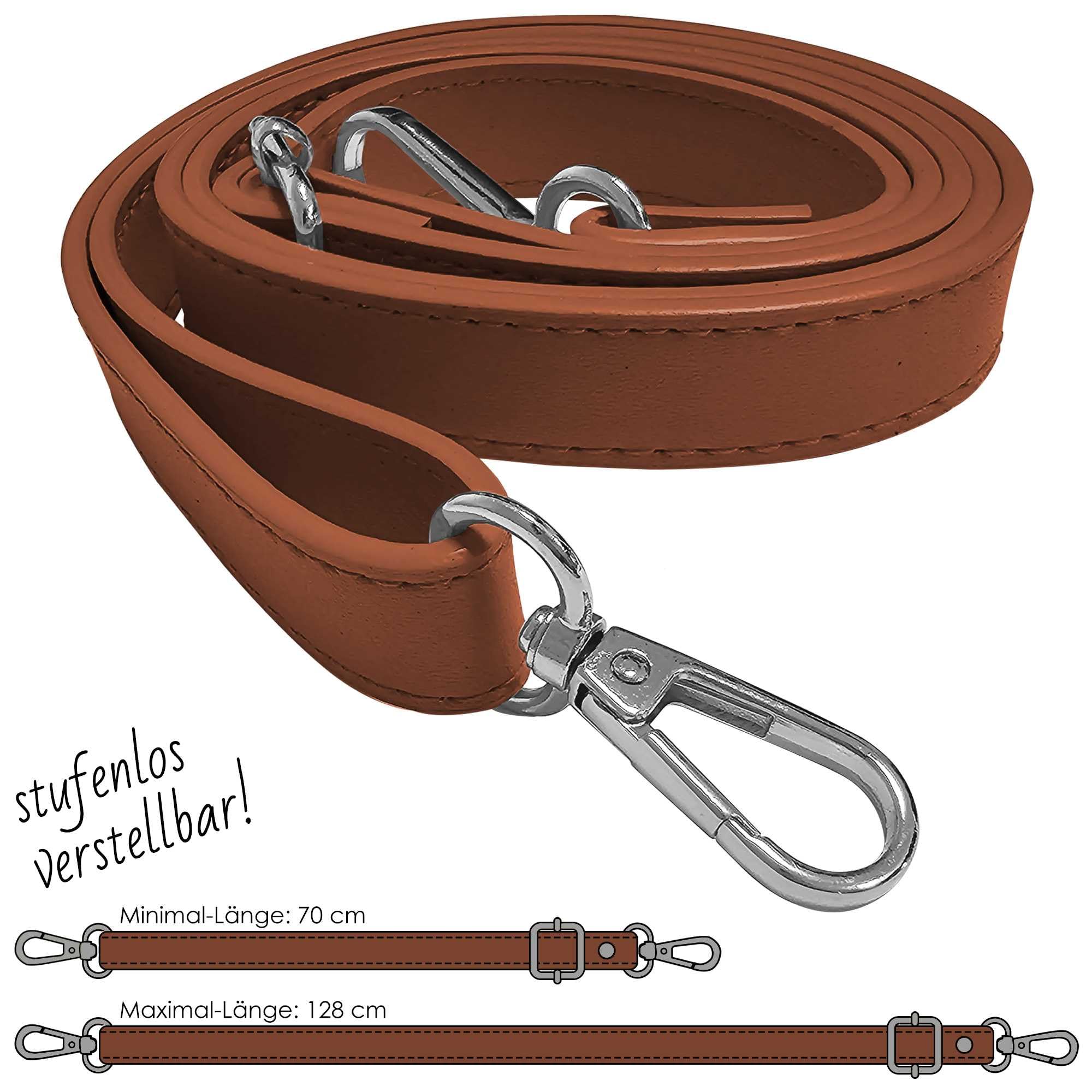Gurt Band Schulterriemen für Damen Taschen Handtasche - Braun - Farbe Metallteile Silber - Länge verstellbar 70-128 cm - Breite 1,8 cm - Schultergurt Umhängetasche Trageriemen Riemen Umhängegurt