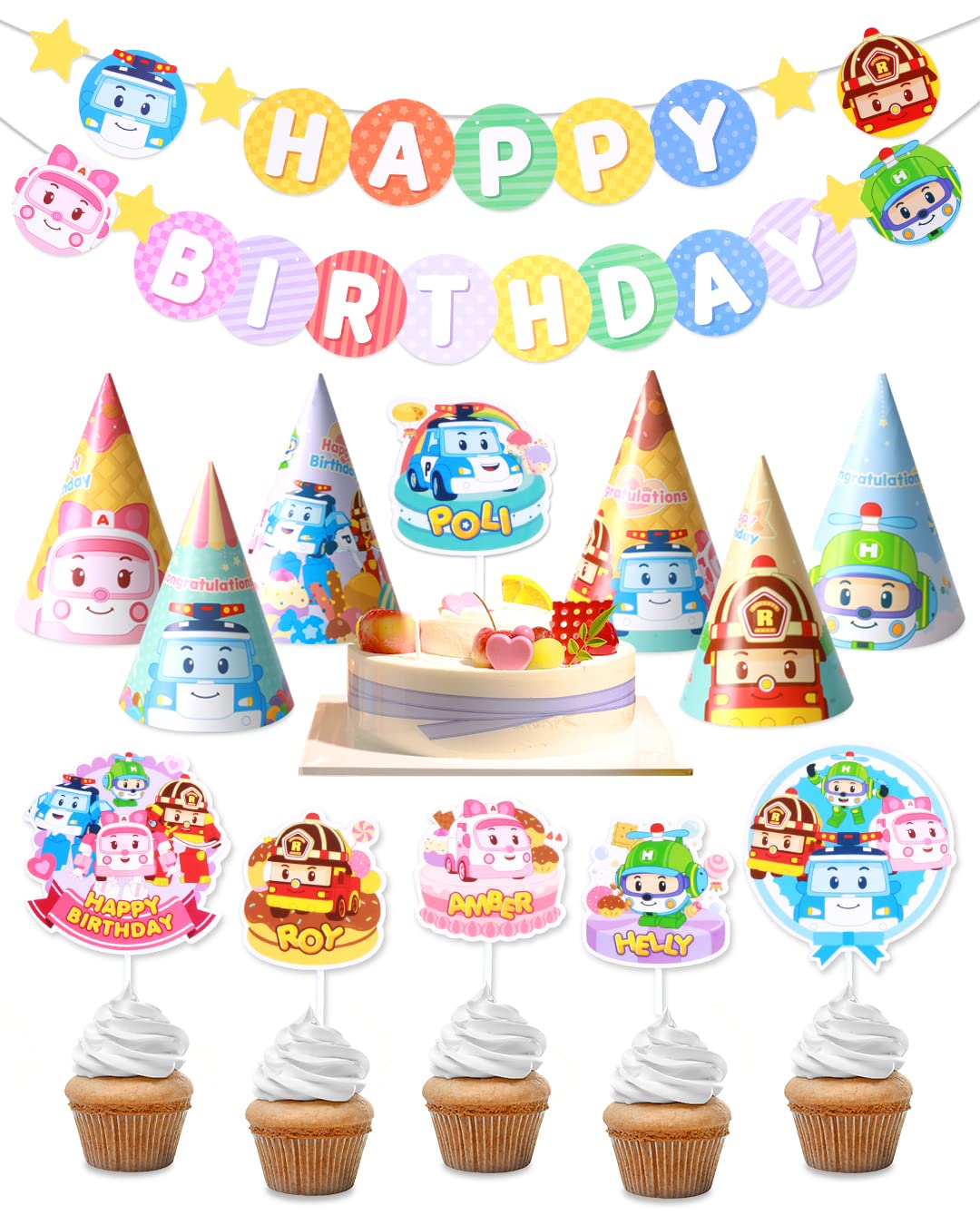 Robocar Poli, Birthday Party Supplies [2-PACK] Happy Birthday Banner Garland, Cake Cupcake Toppers, Cone Hats Set for Boy Girl Kids Party Decorations