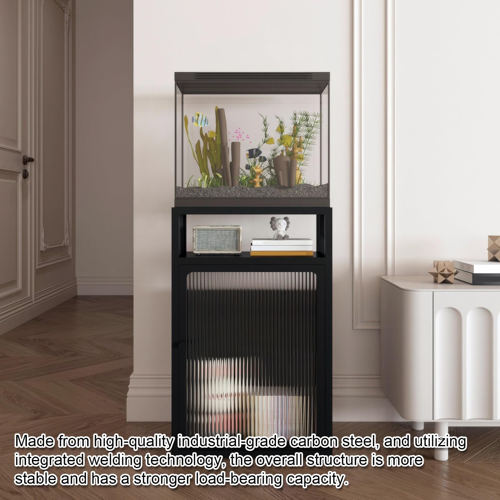 Wytrzymała szafka na akwarium, metalowy stojak do akwarium, ze stołem do przechowywania gadów i terrarium, pojemność 299 kg, stylowy czarny design (40 x 40 cm)