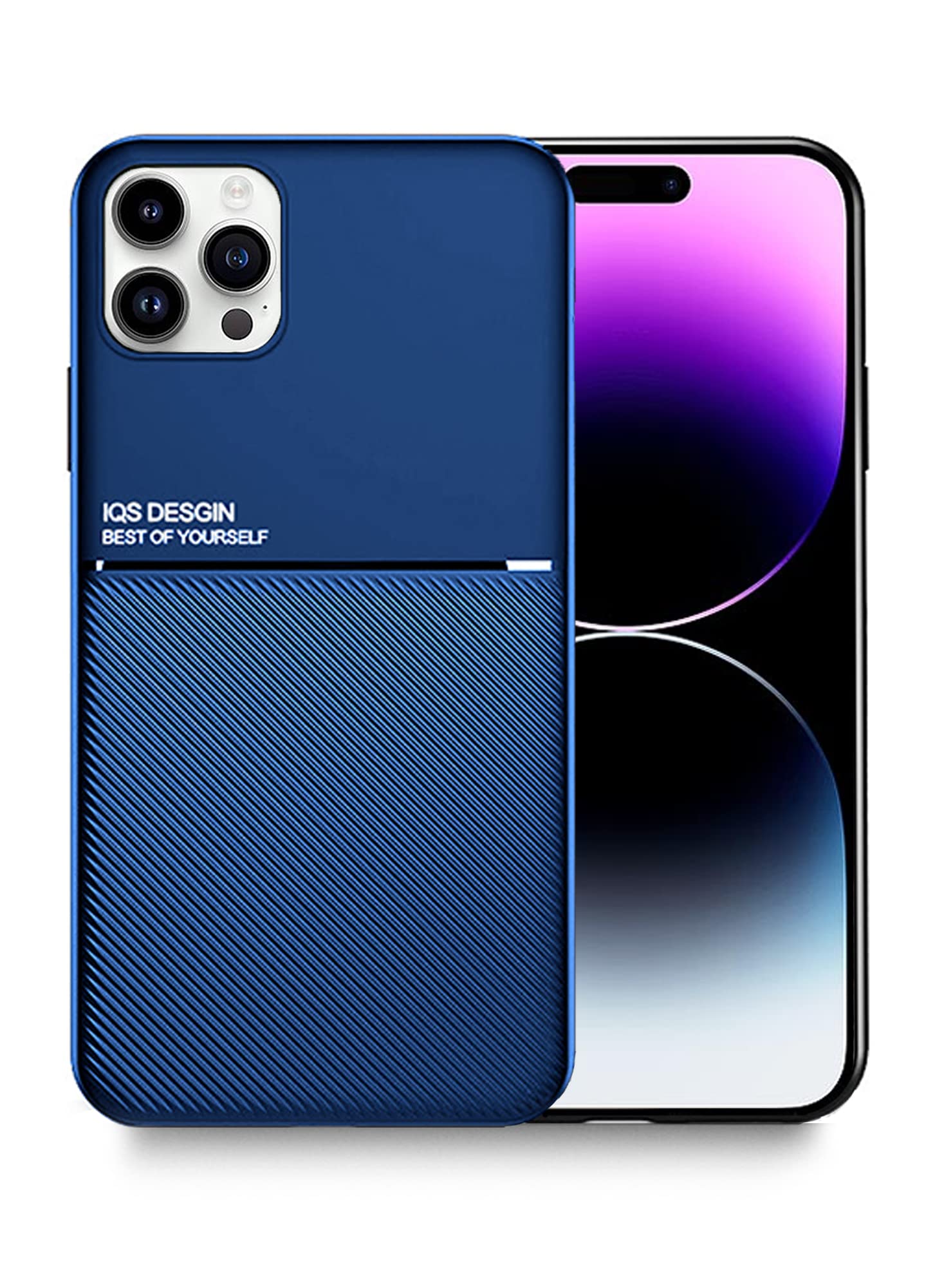 Wtech IQS Design Leather Texture Fiber Thin Case Cover with Built-In Magnetic Iron Piece Magnetic Holder for Apple iPhone 14 Pro Max, Blue