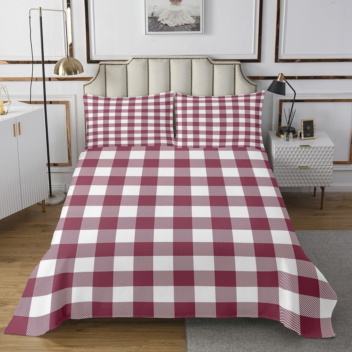 Erosebridal Antique Pink Checkered Quilt Set Twin Buffalo Plaid Grid Bedspread Set Aesthetic Checkerboard Bedspread Sets for Kids Teens Boys Modern Geometric Simple Coverlet Set