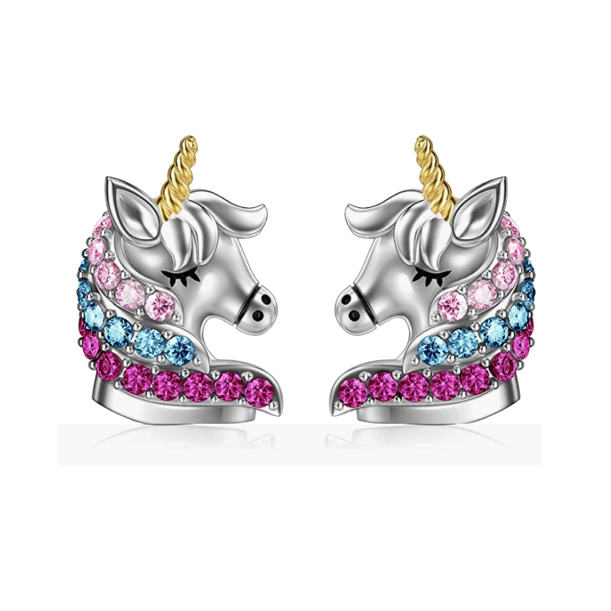 VICKWOOD Pendientes de plata de ley 925 con diseño de mariposa, diseño de unicornio, con nácar, corazón y gotas para niñas, Plata, Circonia cúbica