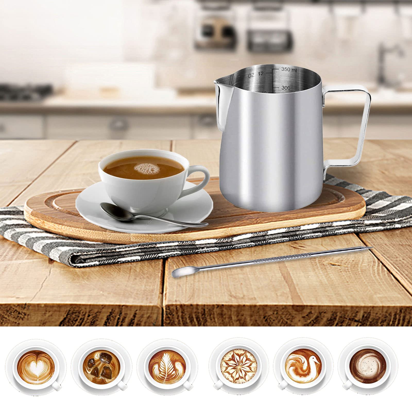 Bricco Latte Acciaio Inox 350ml Con Penna Art - Per Cappuccino E Latte Art, Da Barista