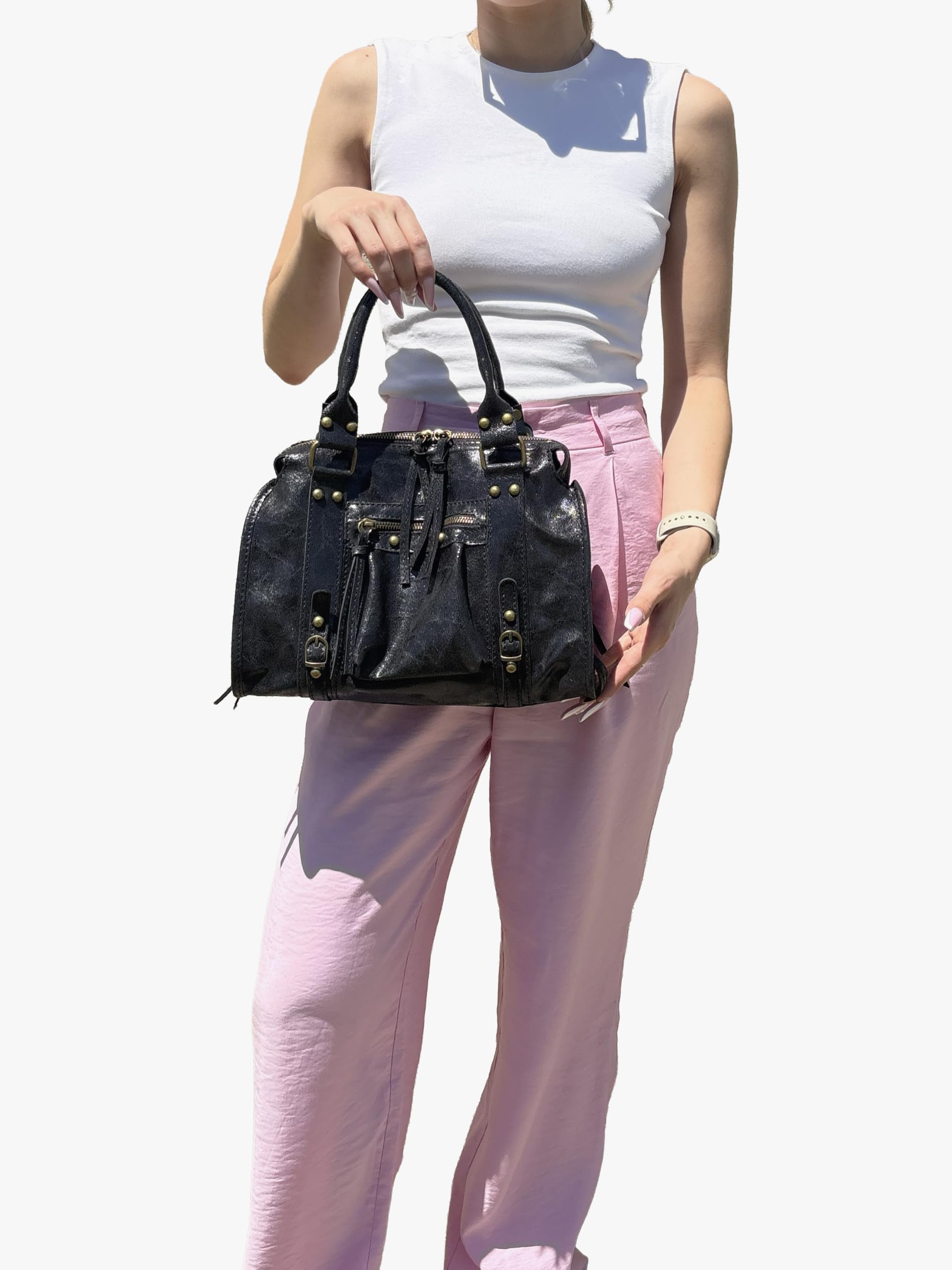 Chicca Borse Borsa a Mano con Tracolla Media da Donna in Pelle Lucida con Borchie