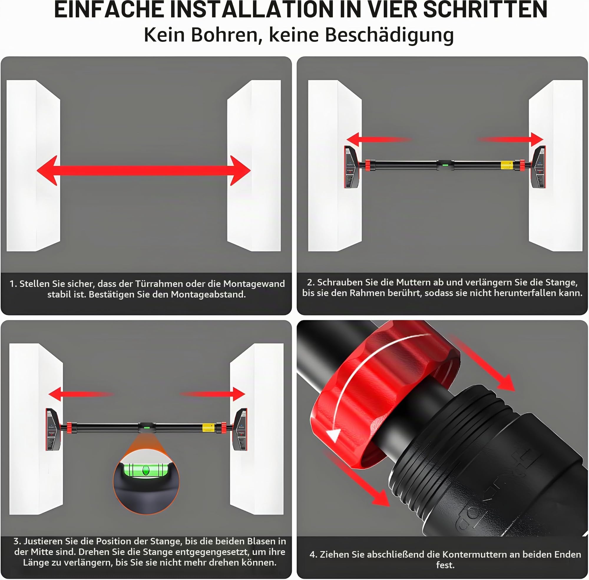 HAKENO Klimmzugstange für Türrahmen ohne Schrauben/Bohren, Pull Up Bar Tragkraft bis 200 Kg, Reckstange Türrahmen Ohne Schrauben 75-94 cm Ausziehbar, Neues 360° Drehbares Zahnradschloss
