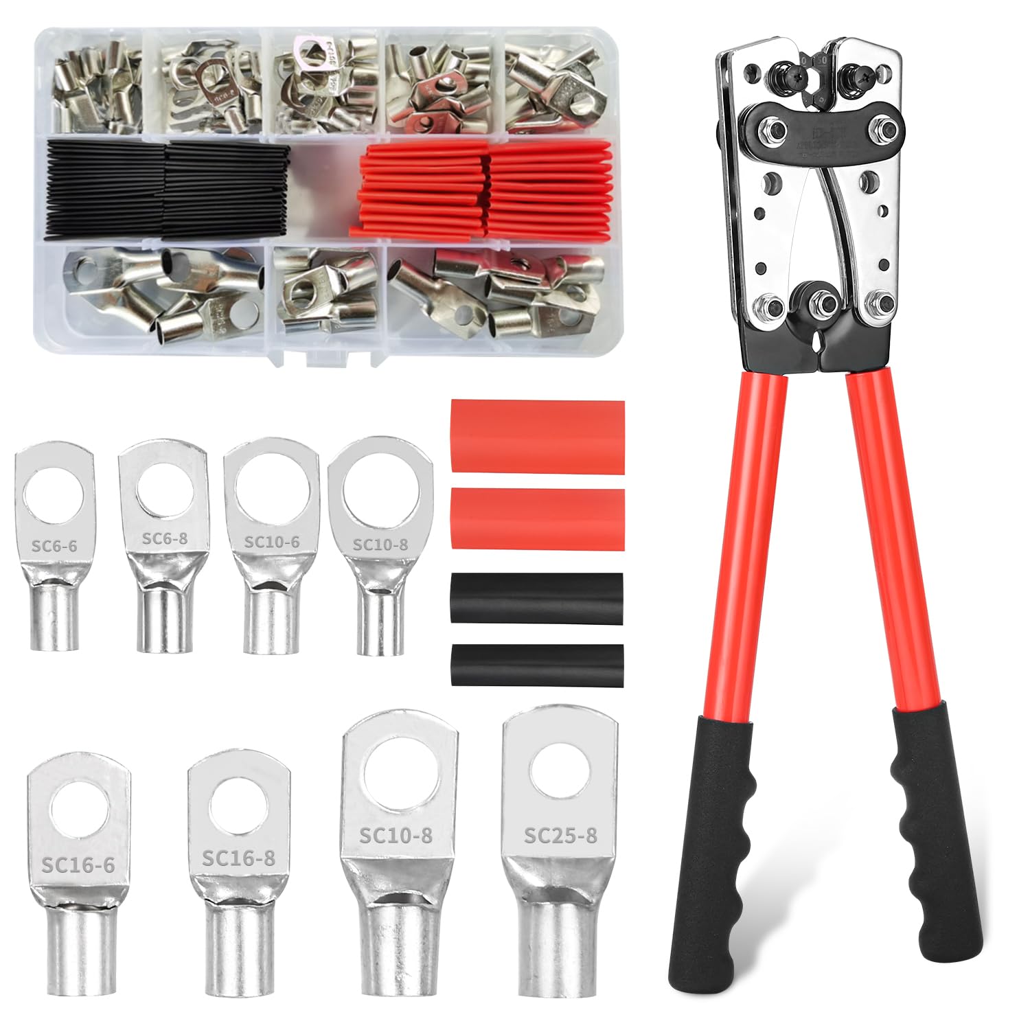 Pinza crimpatrice 6/10/16/25/35/50 mm², grande pinza crimpatrice 10-1/0 AWG con 8 misure, 60 morsetti ad anello in rame + 60 tubi termoretraibili, rosso