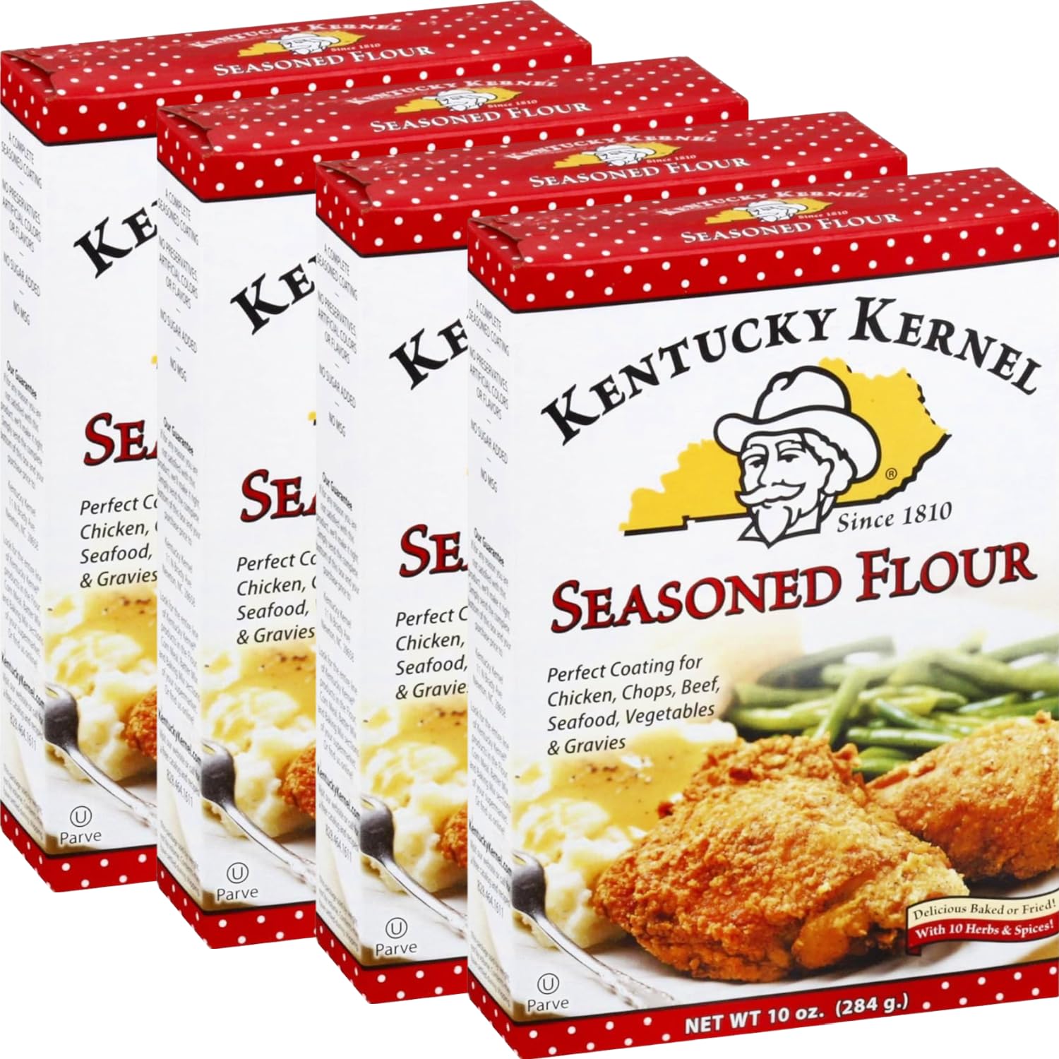 Kentucky Kernel Seasoned Flour Mix Coating Bulk 10 oz (4-Pack), 40 Total Ounces, Chicken, Chops, Beef, Seafood, Vegetables, Fried Pickles and Gravies With Galley Grove Sugar Free Mints
