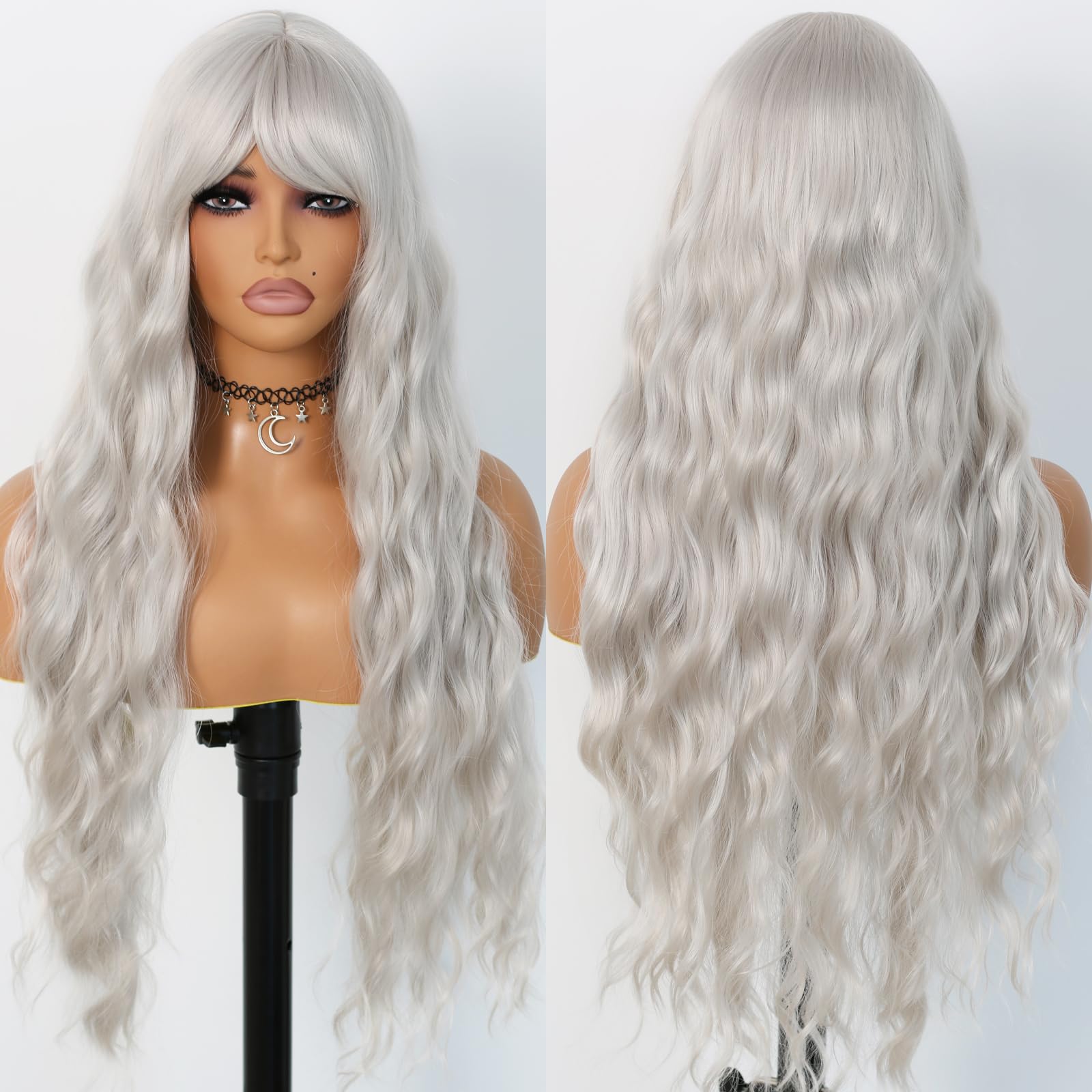 Amazon.com : EVLYNN Silver Gray Wig with Bangs Grey Wigs for  display picture 1