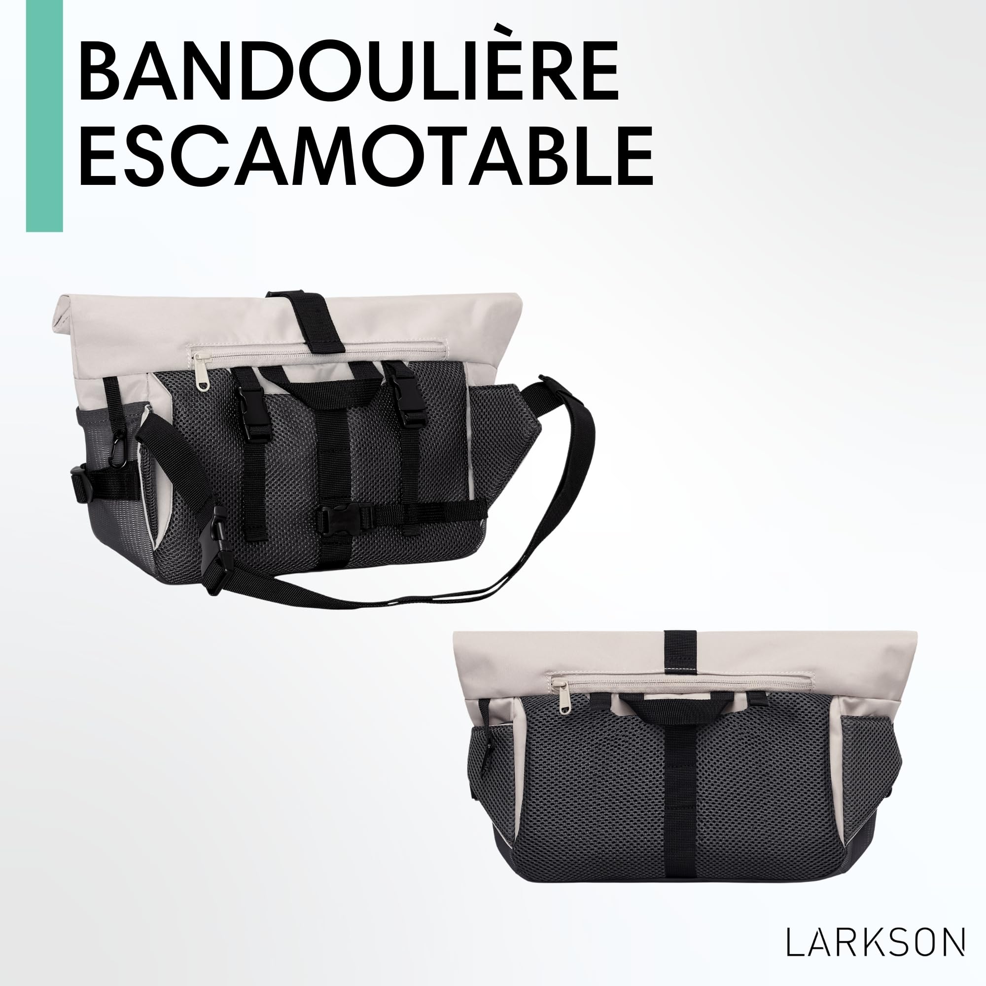 LARKSON Sacoche de Guidon Vélo Beige - Lasse - 2 en 1 Sacoche de Vélo & Sac à Bandoulière - Sacoche Bikepacking pour Guidon Avant avec Réflexion - Hydrofuge