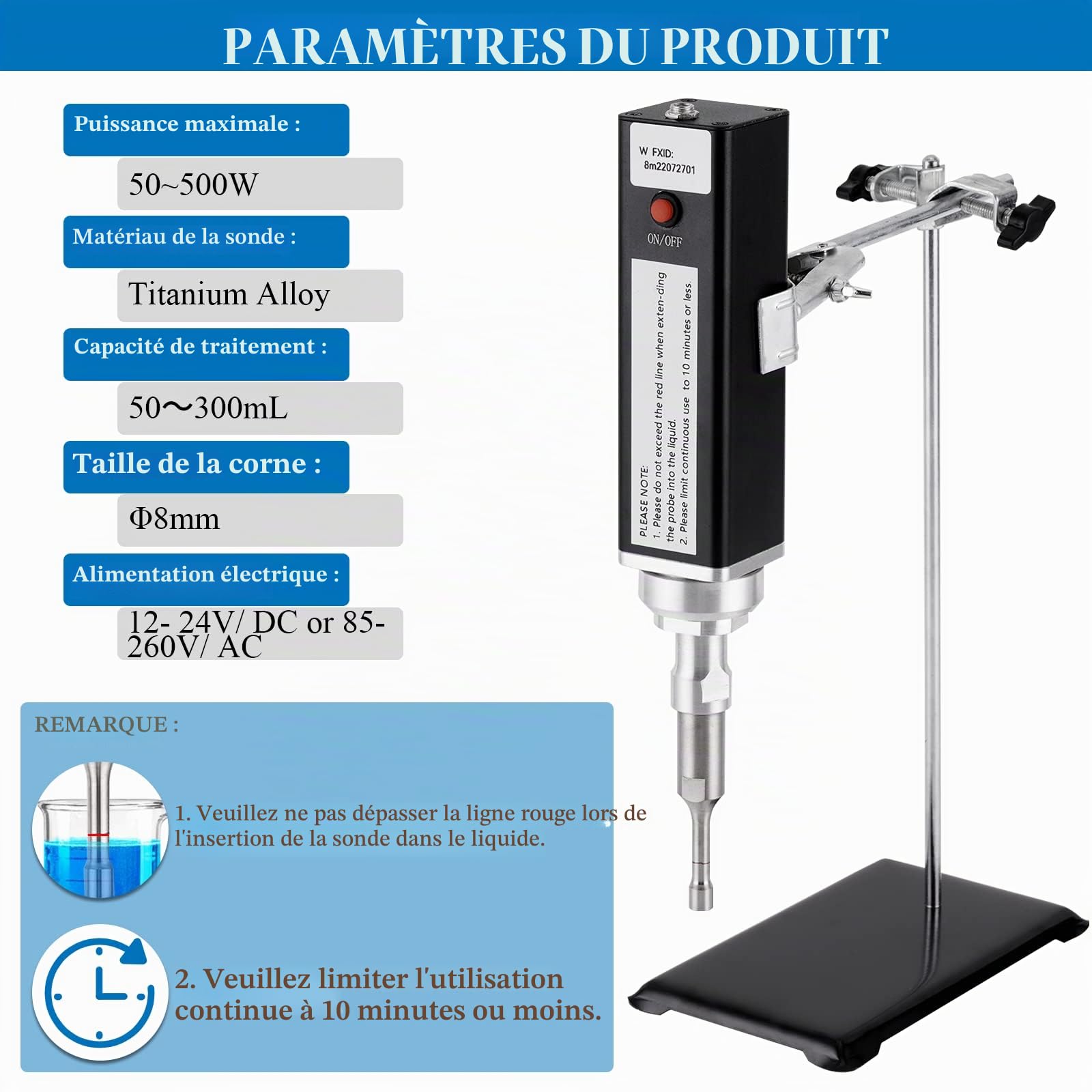 MXBAOHENG Homogénéisateur Ultrasonique Processeur Homogénéisateur à ultrasons Homogénéisateur de laboratoire pour l'extraction cellulaire, l'homogénéisation et la dispersion (500W 10mL~500mL)