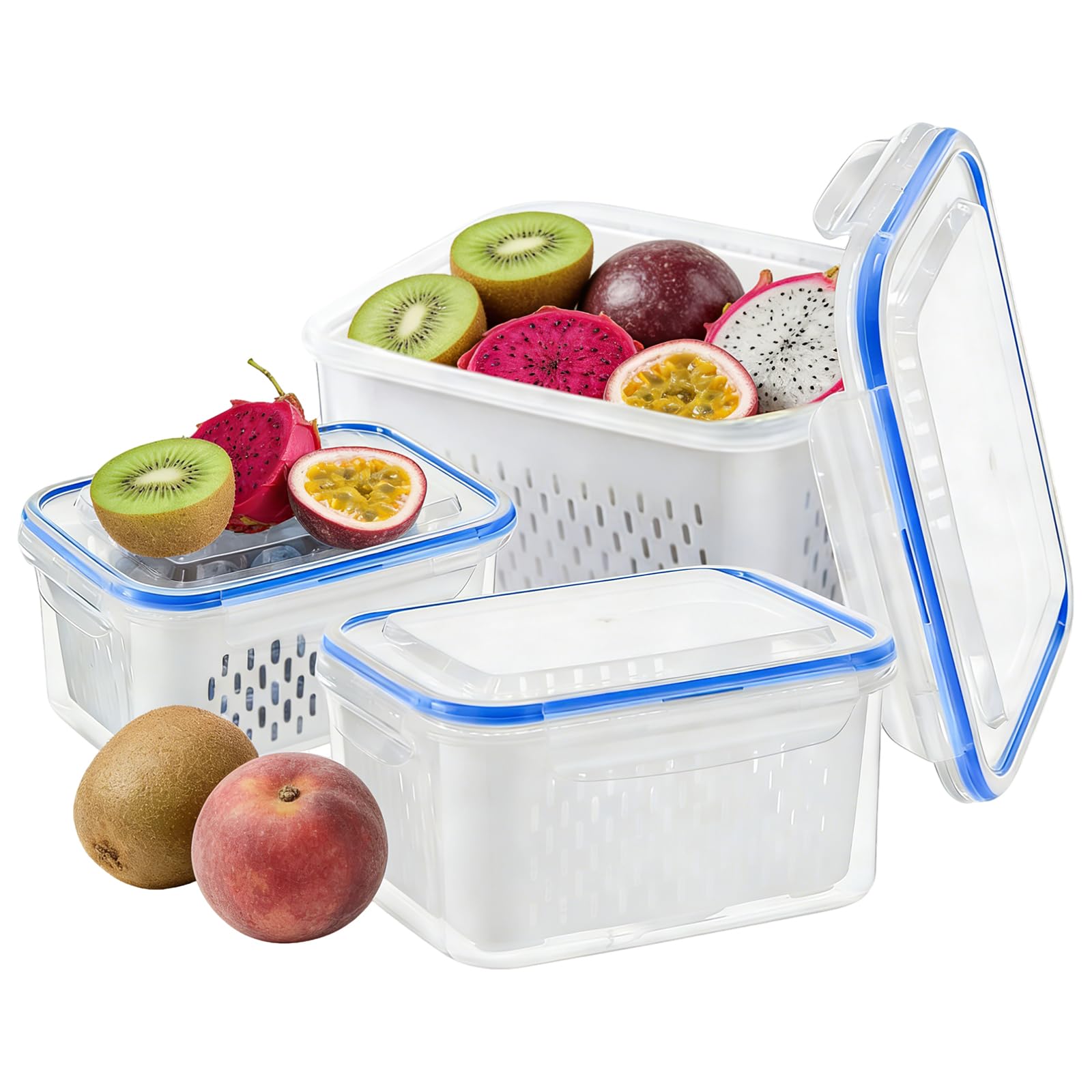 Wrbugukeji Blue 3 Set Fruit Storage Containers For Fridge With Removable Colander, Leakproof Fridge Organizer Bins, Fridge Fruit Storage Containers With Colander For Salad Fruit Vegetables (Blue)