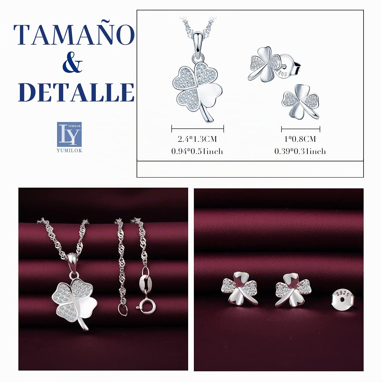 Yumilok-collar de mujer pendientes de plata colgante de circonita de plata esterlina S925 para mujer juego de trébol de cuatro hojas de la suerte