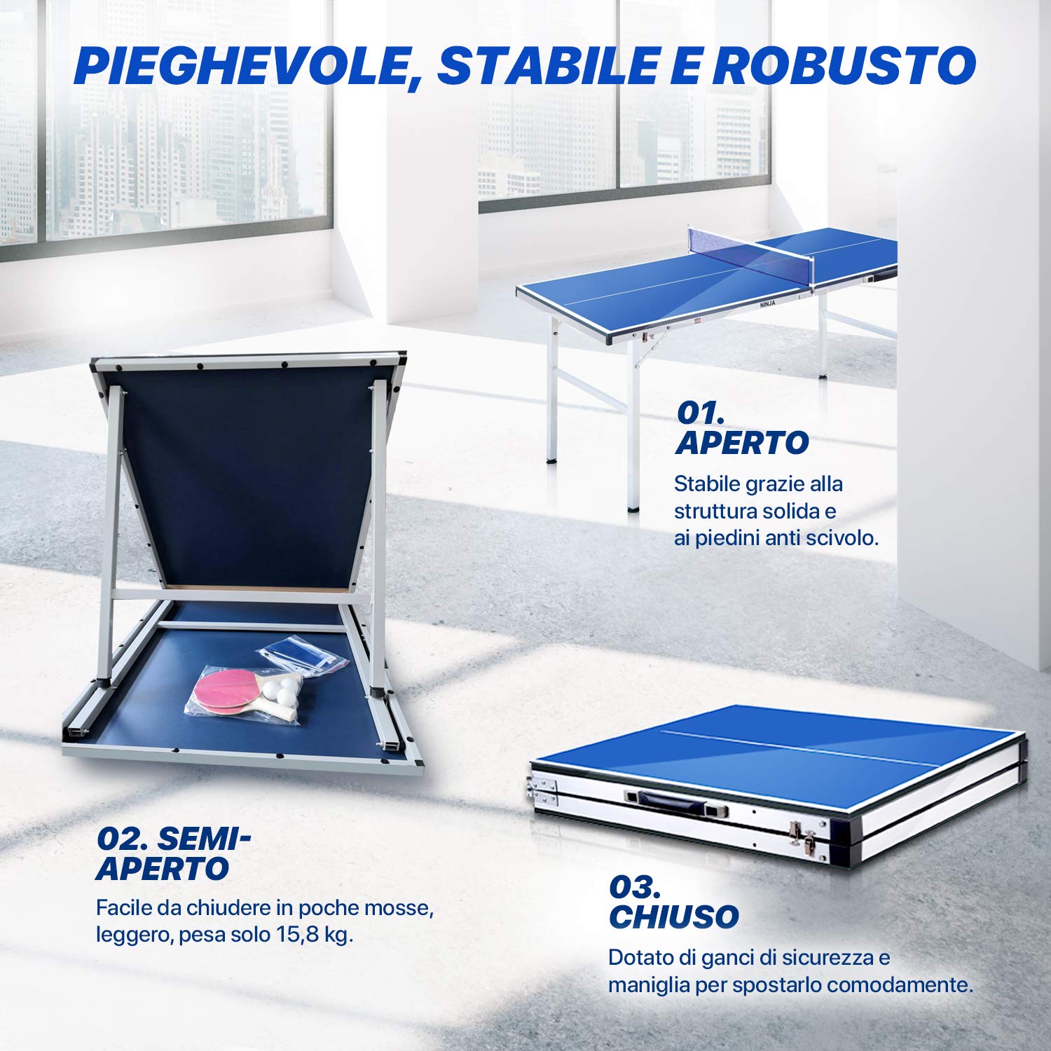 YM Tavolo Ping Pong Pieghevole Mini Ninja Richiudibile in Valigetta, Portatile e Compatto, Telaio in Acciaio con Tubolari da 25mm. Incluse Racchette e Palline. Dimensioni Aperto: cm 150 x 67 x 69