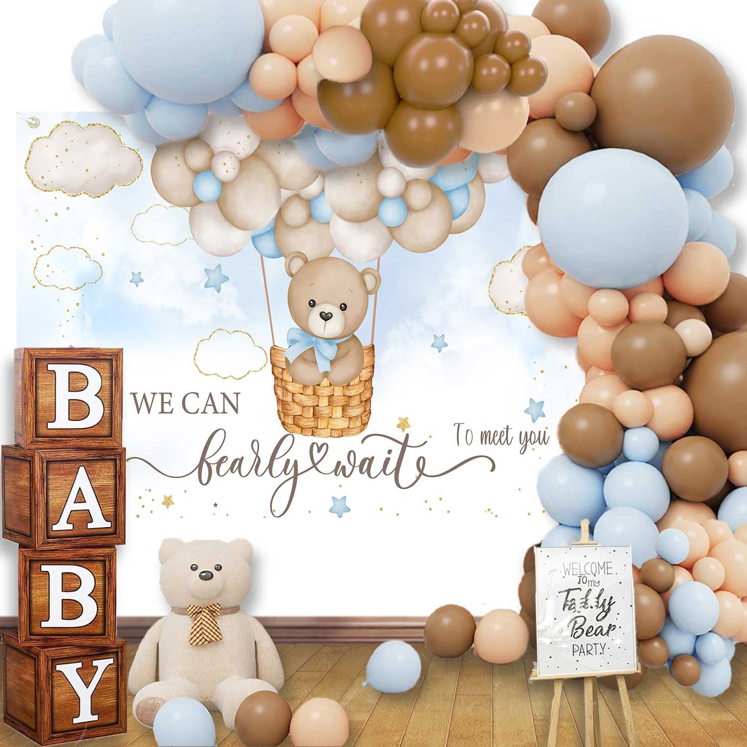 We Can Bearly Wait Baby Shower Decorations 1PCS Bear Backdrop 4PCS Wood Grain Box with BABY Letter 109PCS Brown Nude and Blue Balloons Arch Kit Bear
