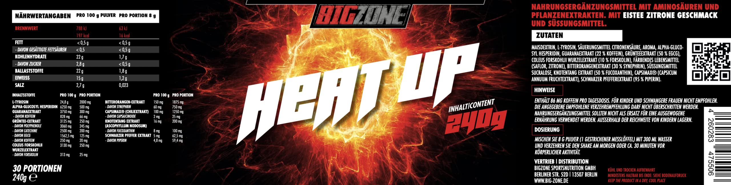 Big Zone Heat Up Getränke zum abnehmen Fatburner Abnehmshake Diätshake Wettkampfdiät 240g | Eistee Zitrone Geschmack