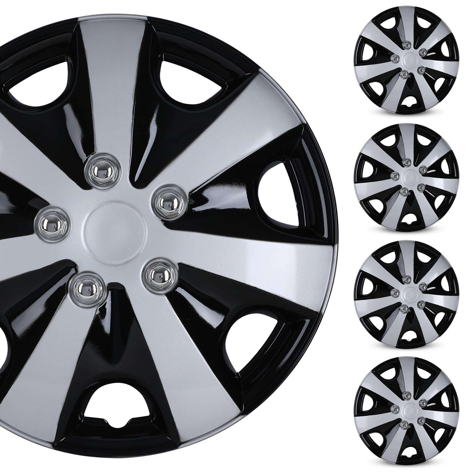 WOLFSTORM 16" Wheel Rim Covers Universal Hubcaps, Fashion Style Hubs Snap on Car Truck SUV ABS Plastic Exterior Accessorios - Set of 4 (Silver&Black)