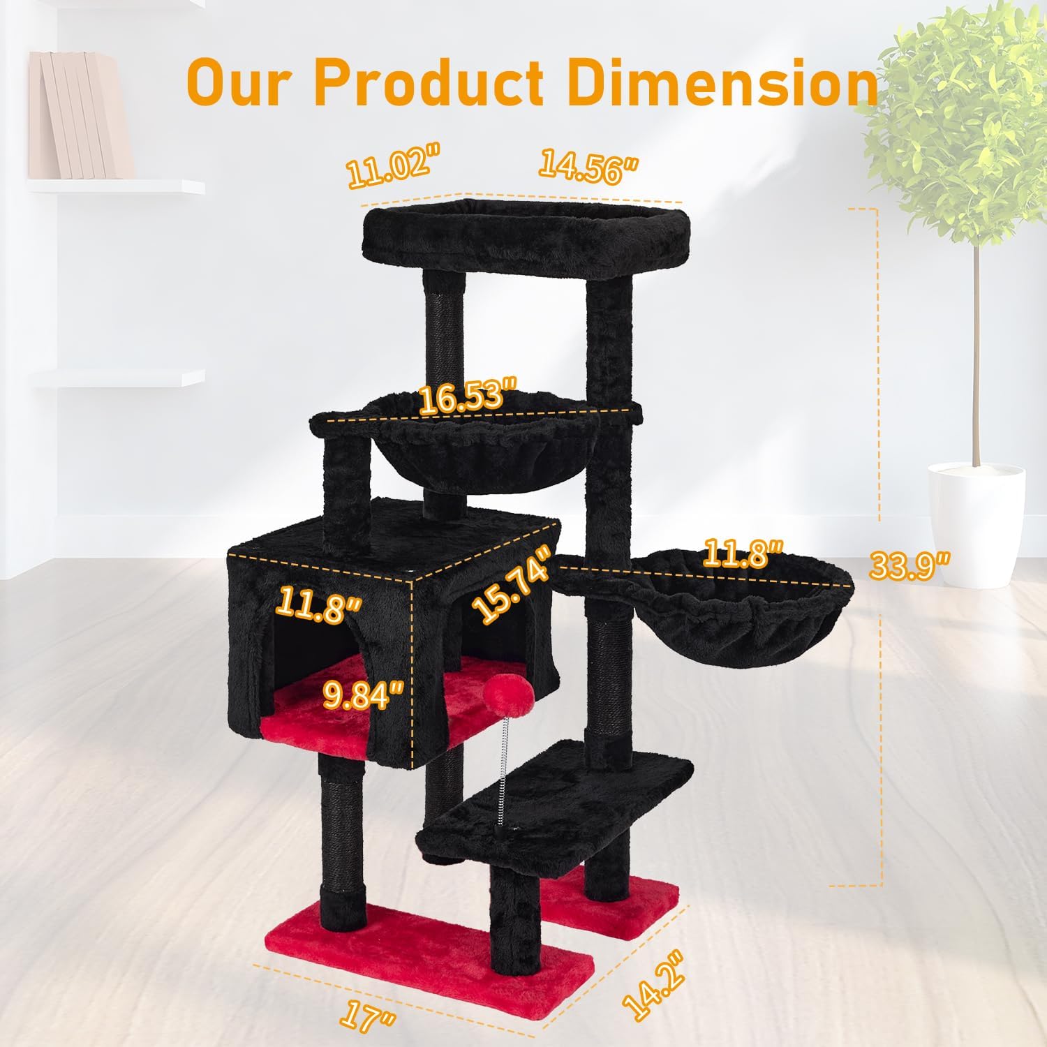 KIYUMI Cat Tree Cat Tower Condo with Sisal Scratching Post for Indoor Cats Cat Tree Cat Furniture with Hammock Perch and Kitten Ball Toys, Multi-Level Pet Activity Center,RedBlack