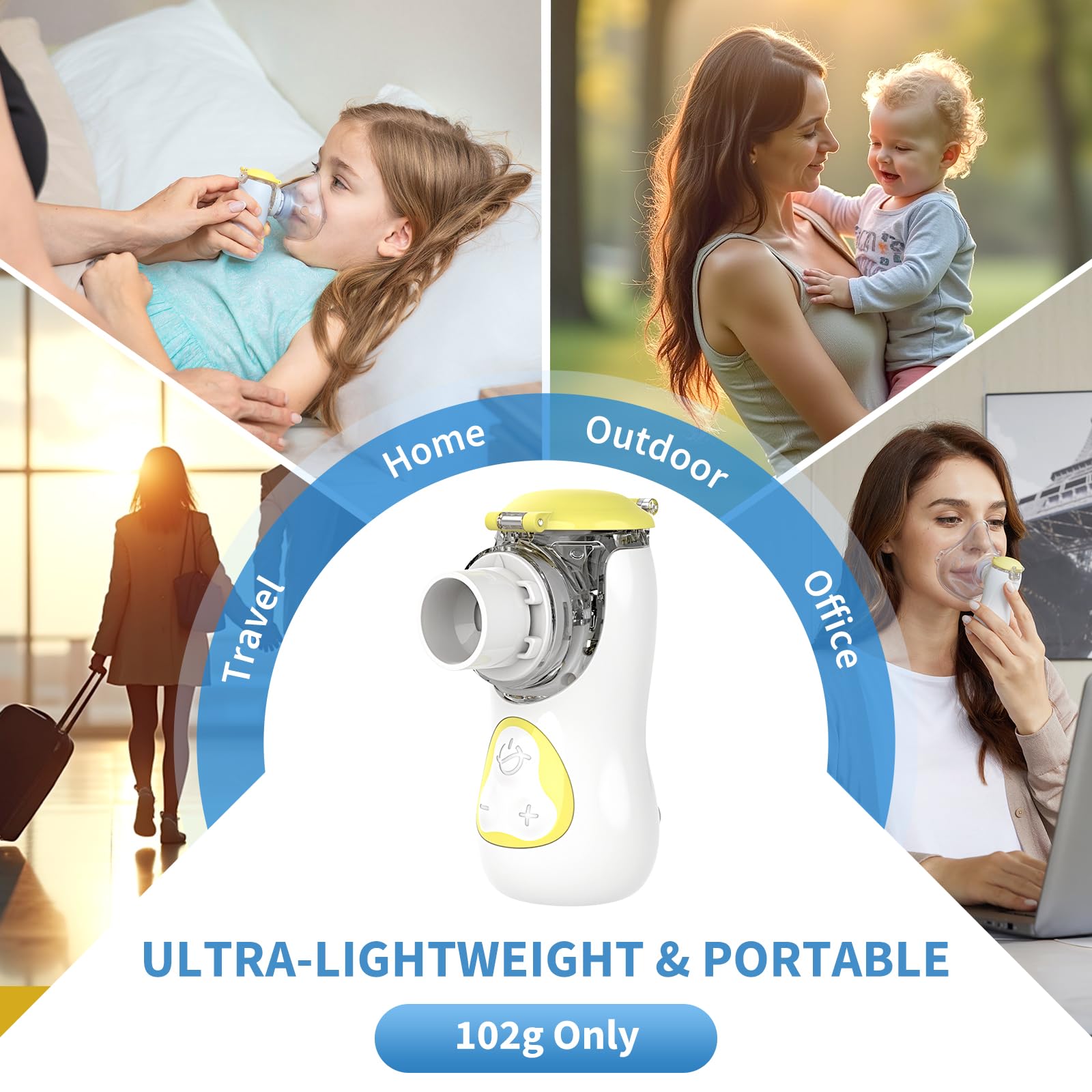 FEELLIFE Nebulizador Portatil para Bebe y Adultos, Nebulizador Silencioso Tasa de Atomización Ajustable, Inhalador Recargable para El Tratamiento de Tos, Asma, Enfermedades Respiratorias-Amarillo