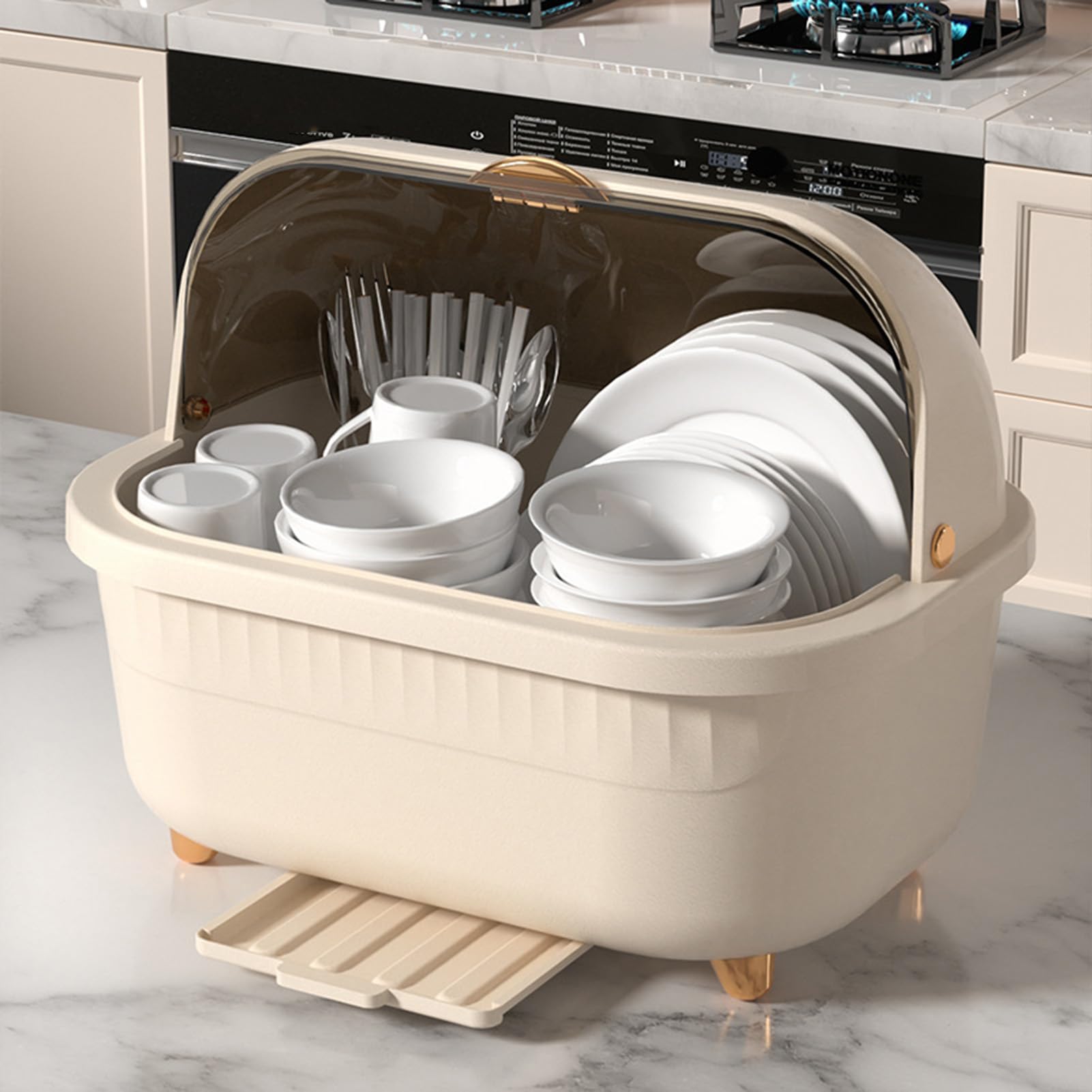 Escurridor de Platos con Tapa Caja de Secado de Platos de Plástico Escurridor de Platos Multifuncional para Ahorro de Espacio para Accesorios de Cocina (Albaricoque M)