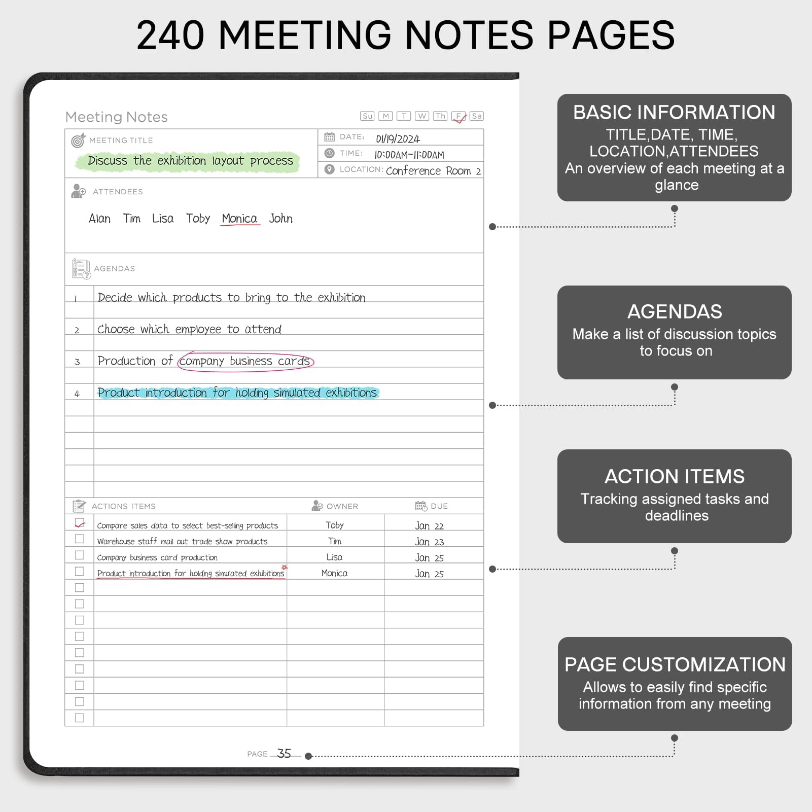 EMSHOI Meeting Notebook A4-240 Pages Hardback Diary To Do List Notepad Productivity Planner, Project Organiser, 100gsm Paper - Image 3