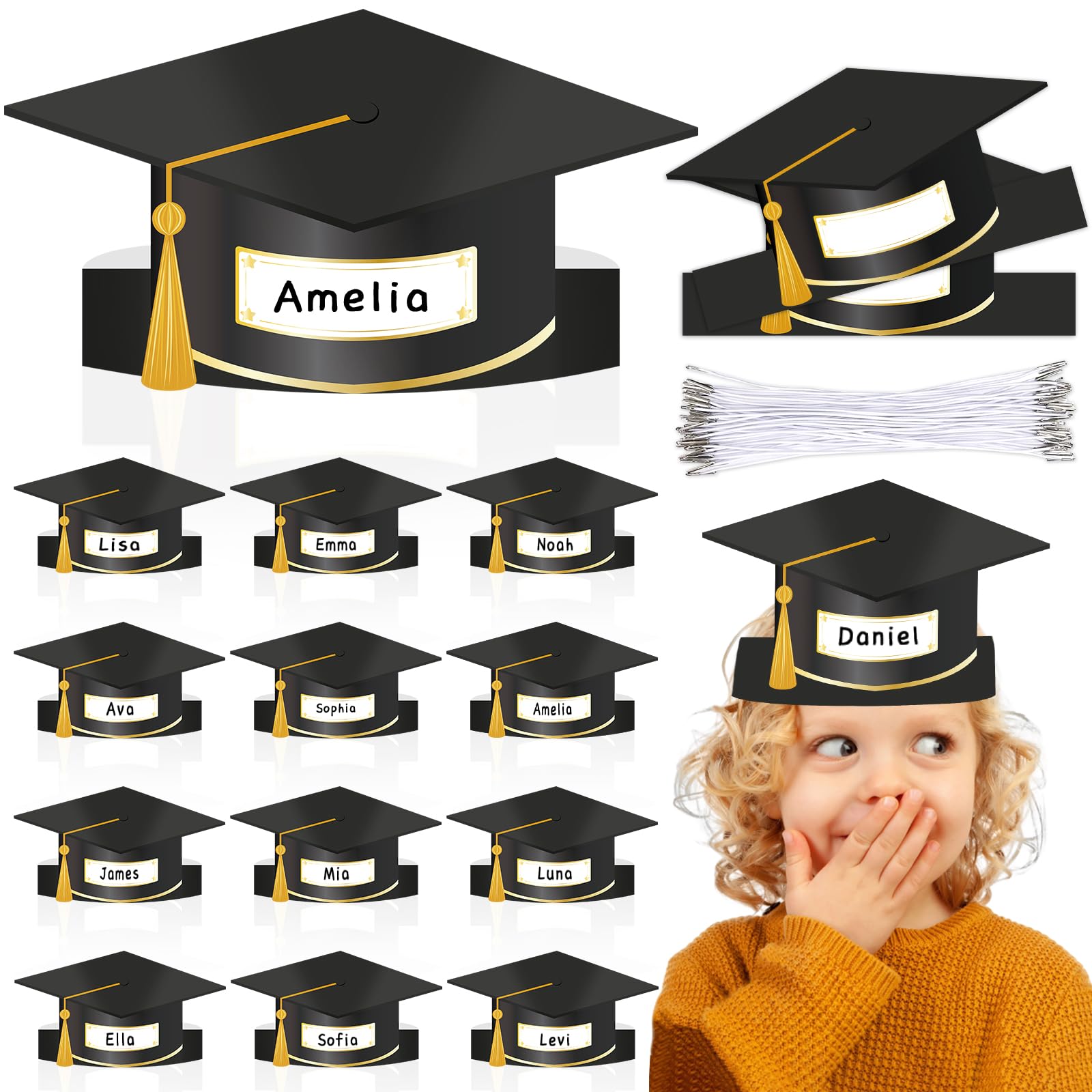 Qyeahkj 36 Sets Paper Graduation Hats for 2025 Black Gold Adjustable Graduation Cap Headband with Elastic String Graduate Gift Grad Party Decoration