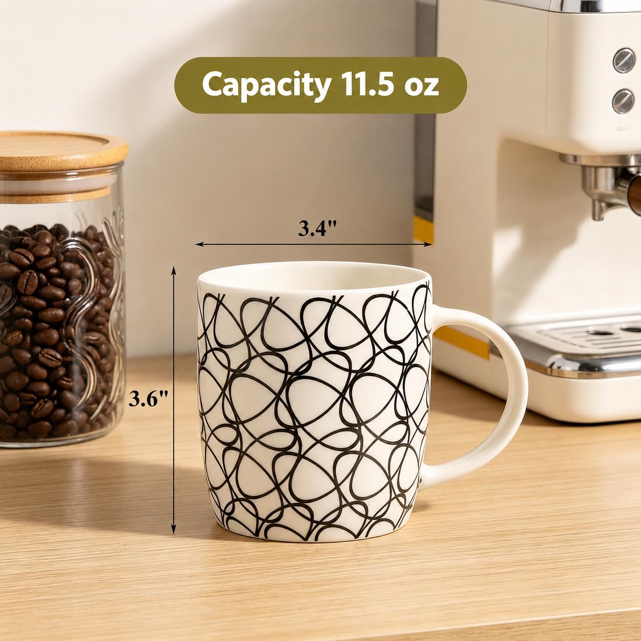 Okllen 6-pak 340 ml kubki do kawy geometryczne teksturowane, ceramiczne kubki do kawy stylowy zestaw kubków do herbaty prezent do latte, cappuccino, mleka, wody, kakao, płatków, czarno-białe