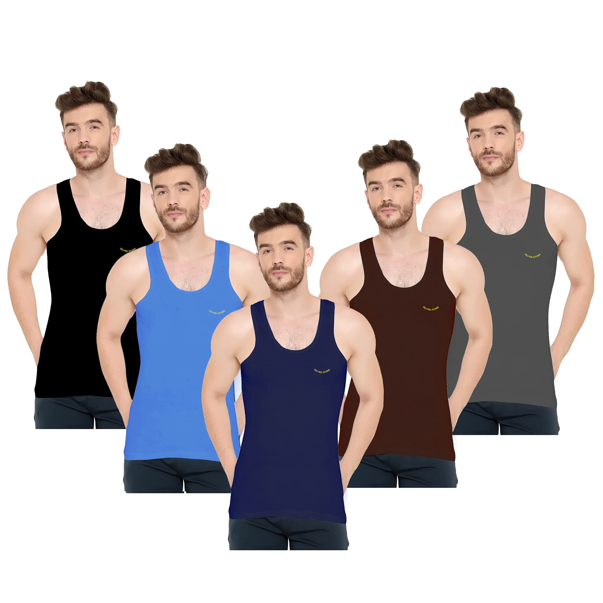 SILVER STORK Men's Cotton Sleeveless Colored Vest - Soft, Comfortable, Breathable Undergarment Pack of 5 Colours May Vary