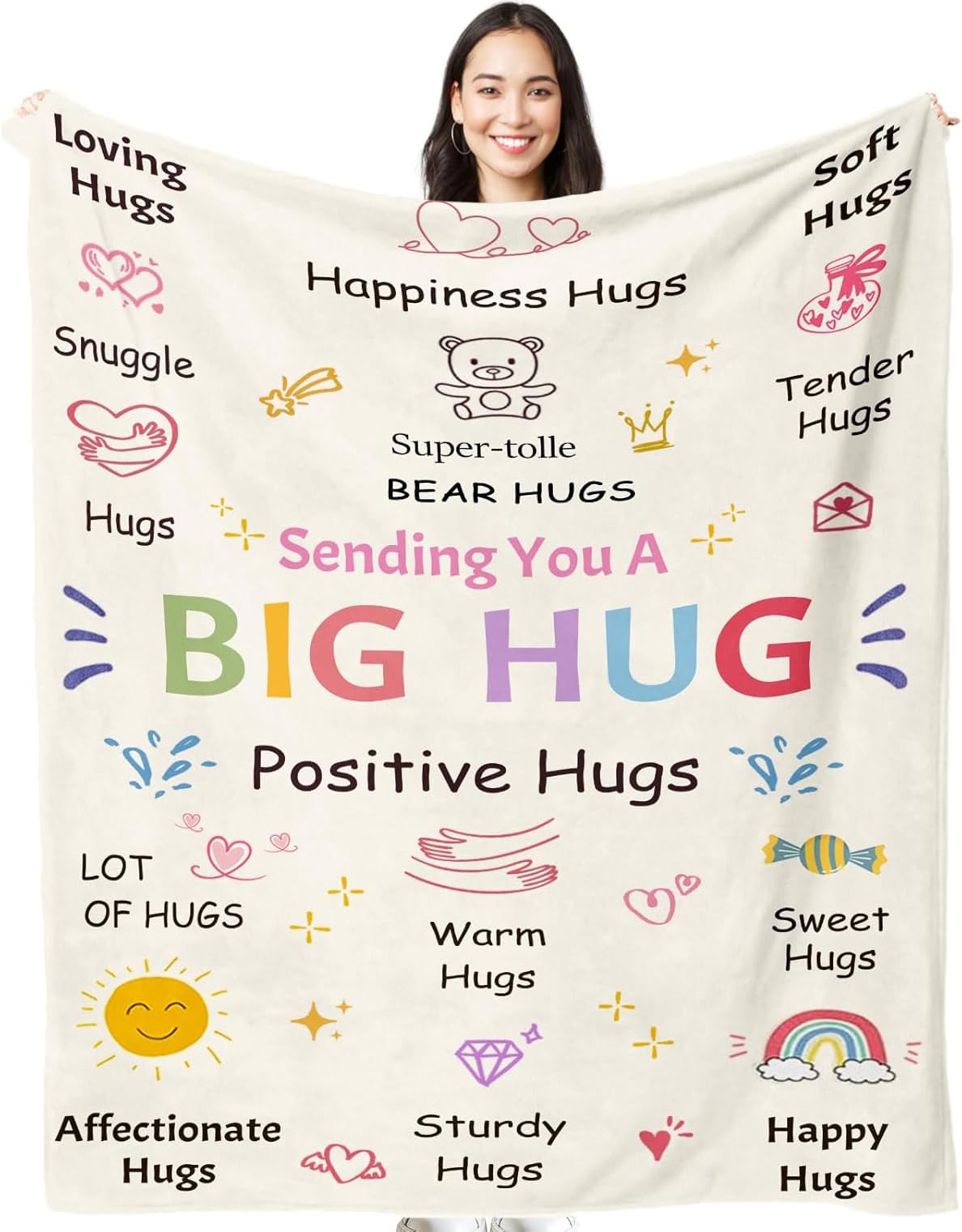 Butuuu Women's A Big Hug Off-White Gifts For Best Friend Blanket 150X130cm Flannel Hug Throw, Thinking Of You Present For Her Sister Girlfriend Bestie Birthday, Cheer Up Get Well Soon Friendship (Off-White)