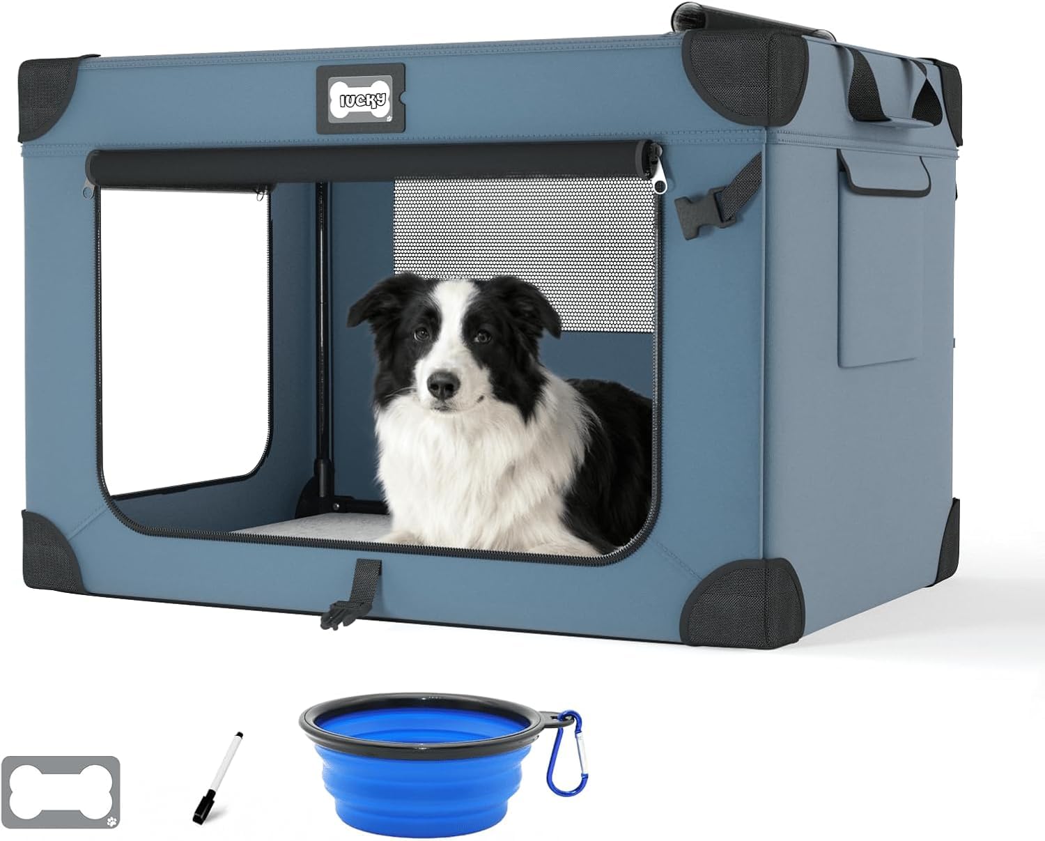 Photo 1 of ** MISSING SOME HARDWARE*** 36 Inch Soft Collapsible Dog Crate, Portable Travel Dog Crate for Indoor and Outdoor Use, Oxford Fabric Pet Carrier with Chew-Proof Mesh Window, Warm Blanket and Foldable Bowl, Blue