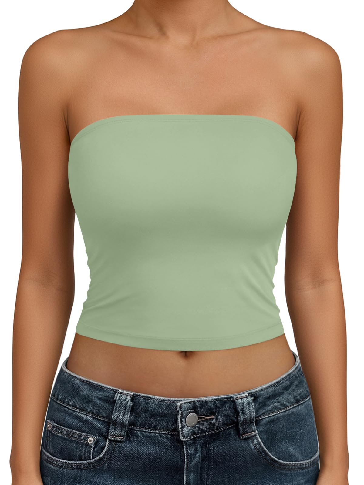 Photo 1 of Trendy Queen Womens Tube Tops Strapless Crop Tops Basic Backless Sleeveless Going Out 2026 Spring Outfits Summer Clothes Light Green S