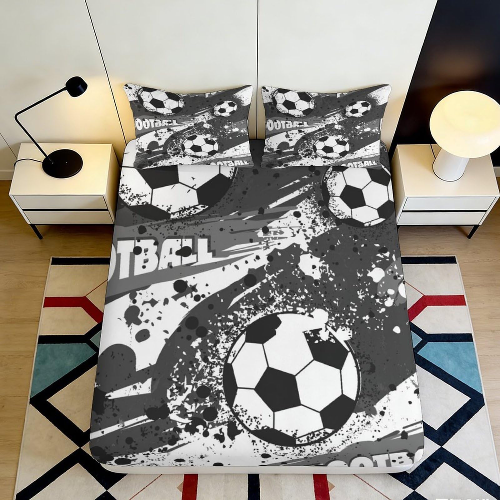 3D Printed Football Graffiti Fitted Sheet Microfiber Modern Soccer Art Bed Cover for Bedroom Guest Room Easy Care 120x200x25cm