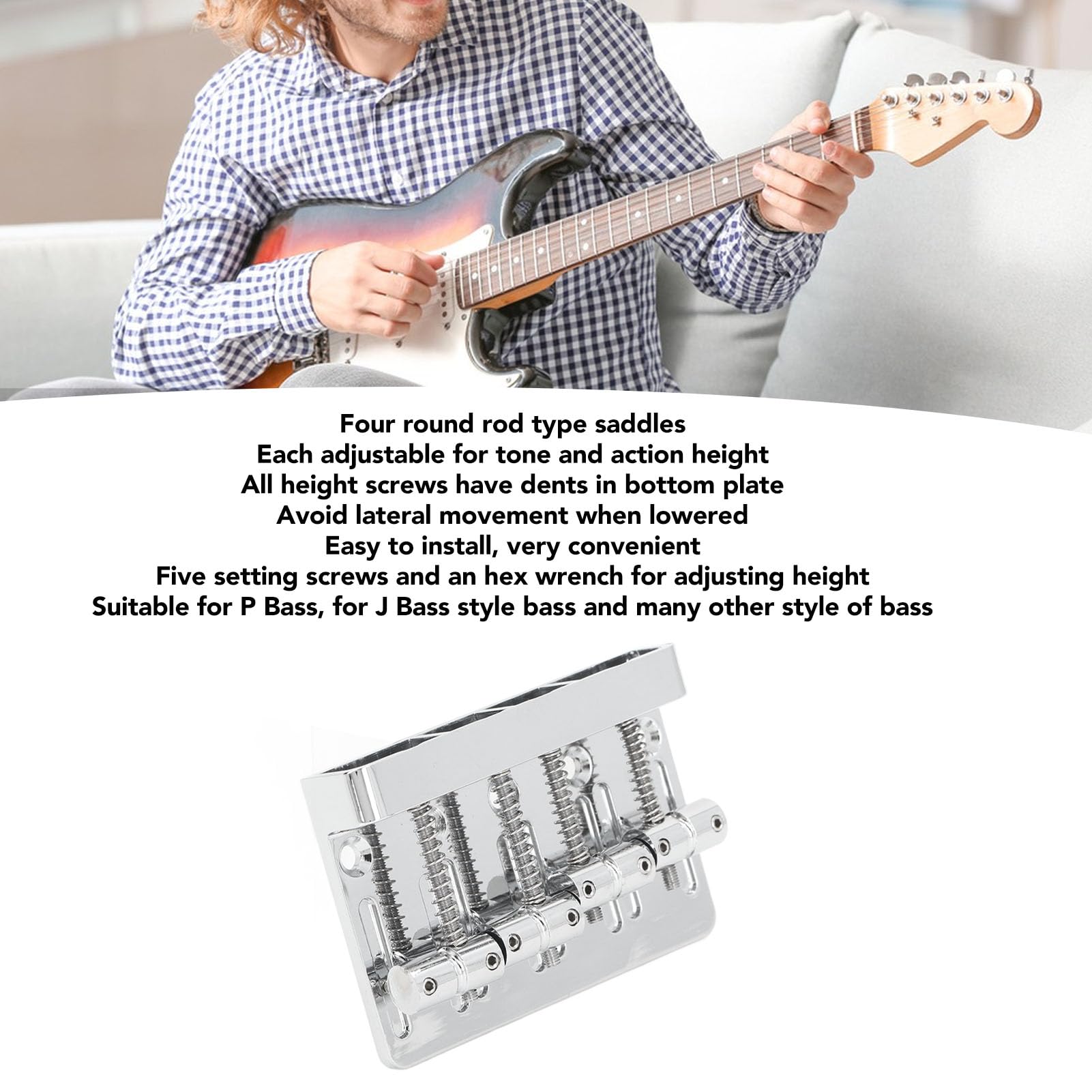 FLEXMAN 4 String Bass Bridge, Electric Bass Bridge Tailpiece, Fixed Saddle with Thickened Base Plate Hex Wrench for P Bass, for J Bass Style Bass (Silver)