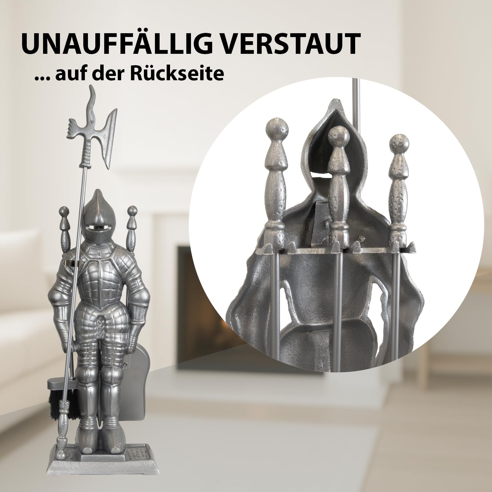 TRUTZHOLM Kamingarnitur Kaminbesteck Ritter Kaminset Ofenbesteck schwarz oder silber 4-tlg Schaufel, Besen, 1x Schürhaken, 1x Hellebarde Gusseisen (Silber)