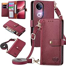 MOJIA Wallet Case for Vivo V50 5G, Soft Premium Leather Flip Mobile Phone Case, Anti-Fall Protective Case with Shoulder Strap, Red