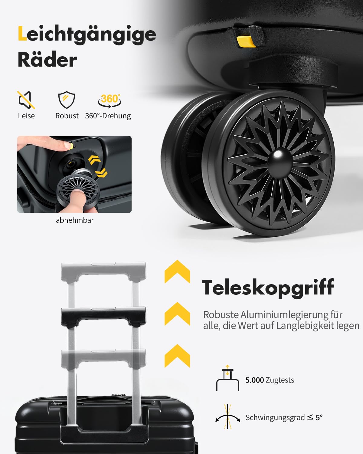 Lekesky Handgepäck Koffer 55x40x20cm - Trolley Handgepäck mit TSA Schloss und 4 Abnehmbaren Rollen, Leicht Hartschale für Ryanair, Lufthansa, Eurowings, 40L, Schwarz