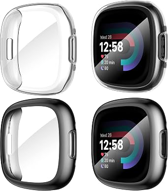 [4-Pack] Suoman for Fitbit Sense 2 /Versa 4 Screen Protector Case, Full Around Electroplate Soft TPU Bumper Around Protective Case Cover for Fitbit Sense 2/Versa 4 SmartwatchBlack+Black+Clear+Clear