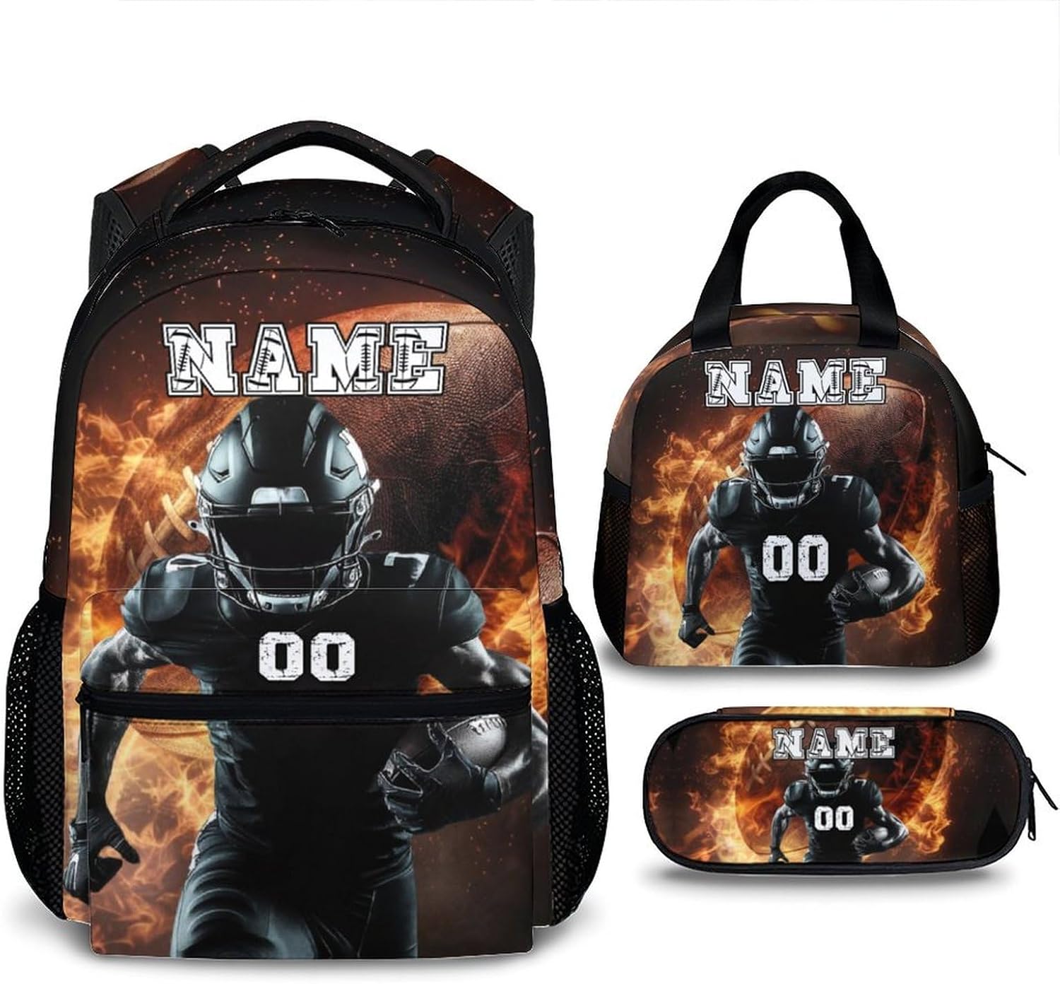 Custom Backpack for Boys - 3Pcs Football Backpacks with Lunch Box and Pencil Case for Kids Teens - Cool Football School Bookbag and Pencil Case Bundle