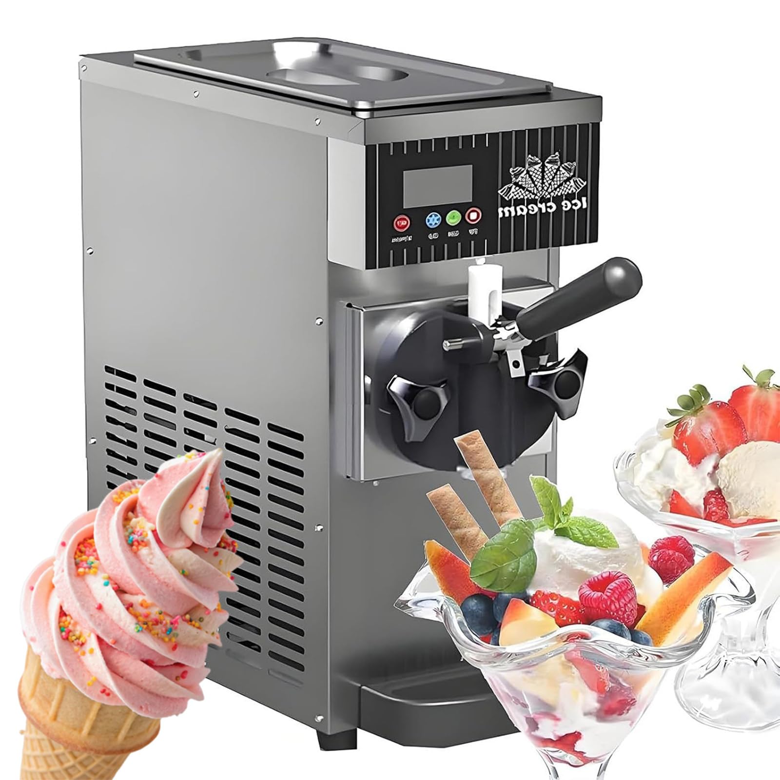 ZEEKYFOR Soft Serve Machine, Countertop Ice Cream Maker with LCD Panel for Coffee Shops and Snack Bars, 4-8kg/H Output, with 1L/1.2L Refrigerated Hopper 3.5L Metallic