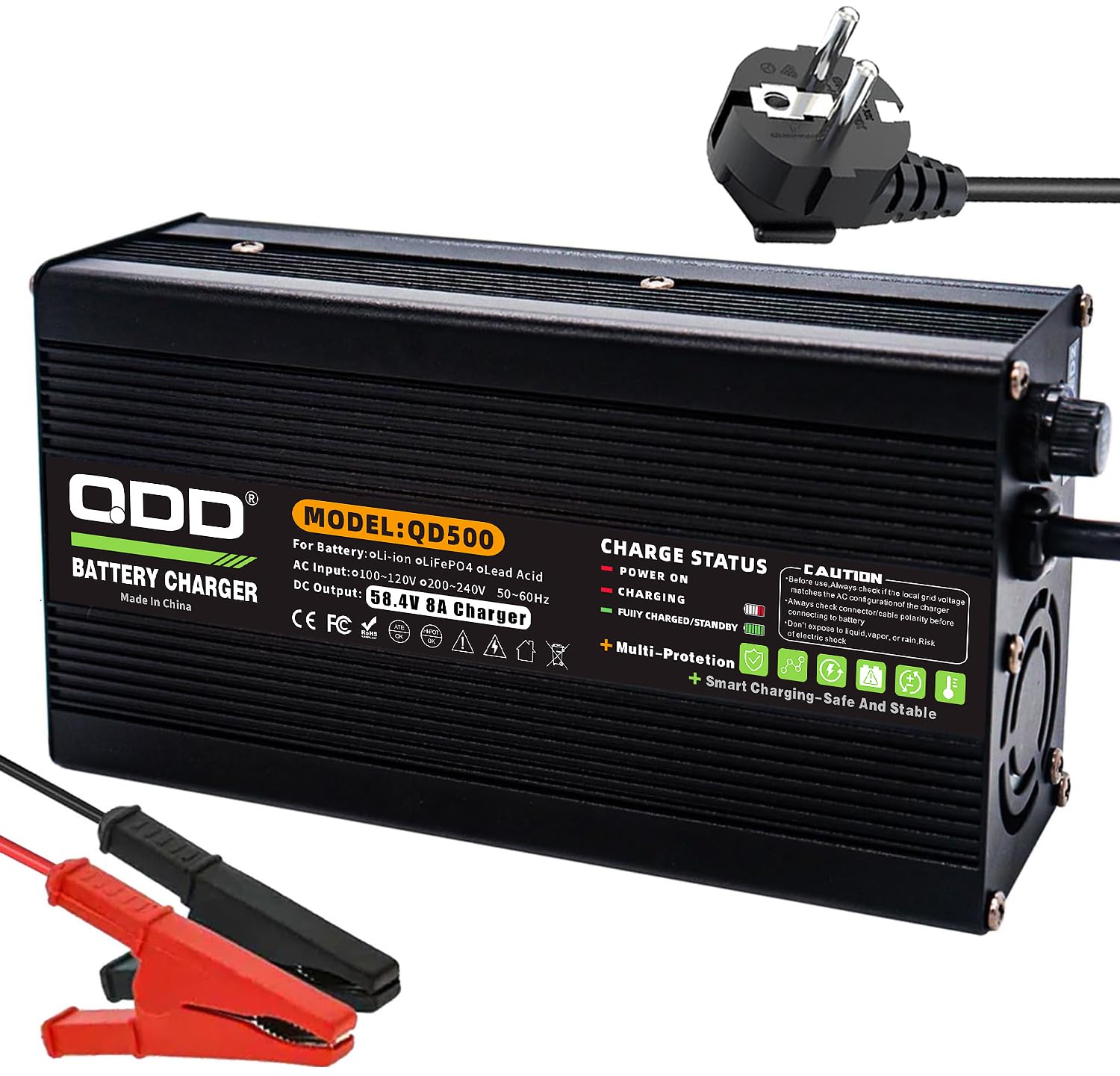 Caricabatterie LiFePO4 da 58,4 V 8 A per batteria LiFePO4 16S 48 V, alloggiamento in alluminio nero con protezione di sicurezza per sistema di raffreddamento, connettore a coccodrillo DC
