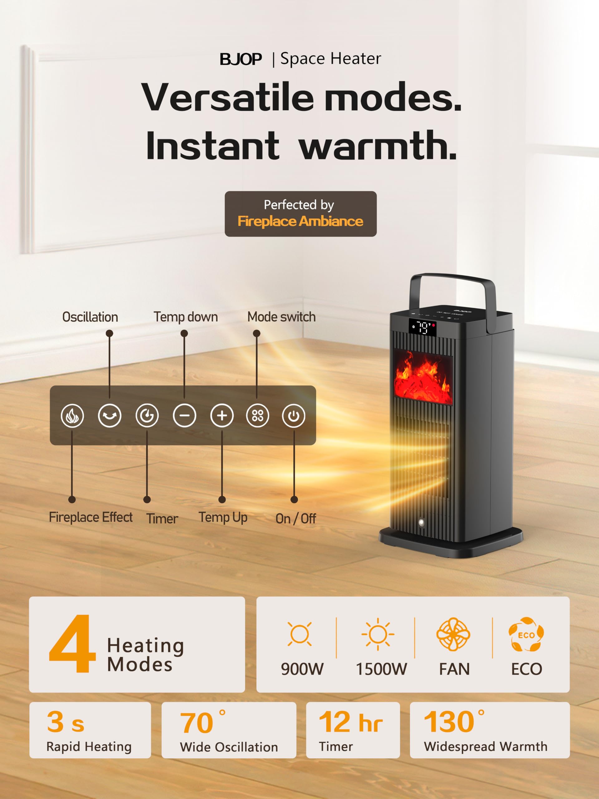 BJOP 2024 New Space Heater, ETL & UL Portable Space Heaters with Fireplace Flame Effect 1500W Oscillating Electric PTC Ceramic ECO Mode Temp Control Heater for Indoor Use,Bedroom,Office,Desk,Garage