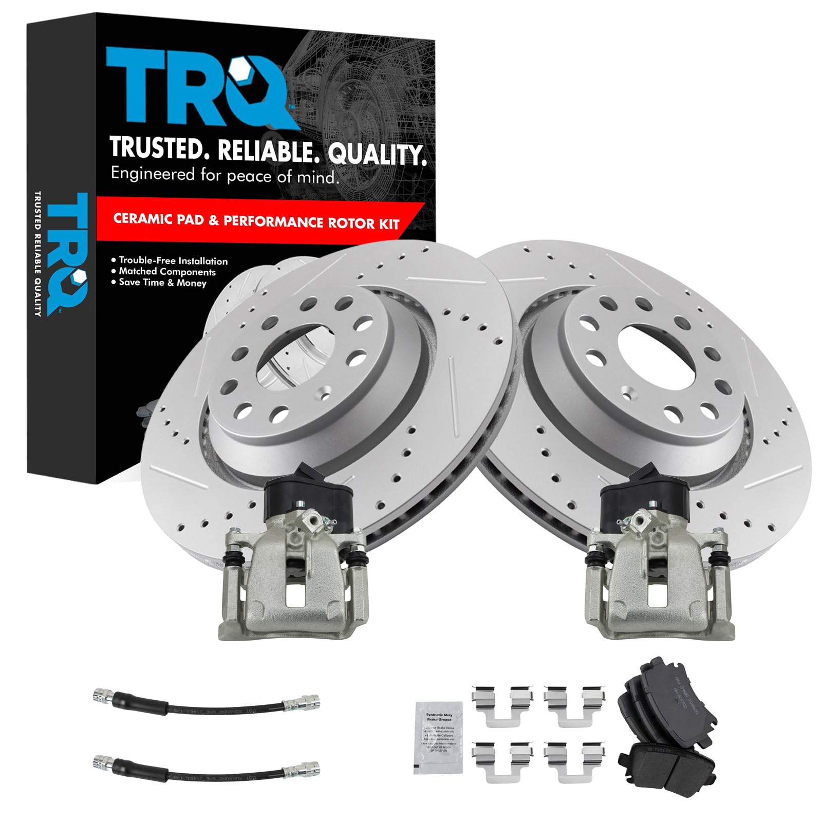 TRQ Performance Rear Brake Pad and Rotor Set Ceramic Slotted Drilled Coated Rotors Calipers Compatible with 2010 2016 Volkswagen CC 2010 Passat