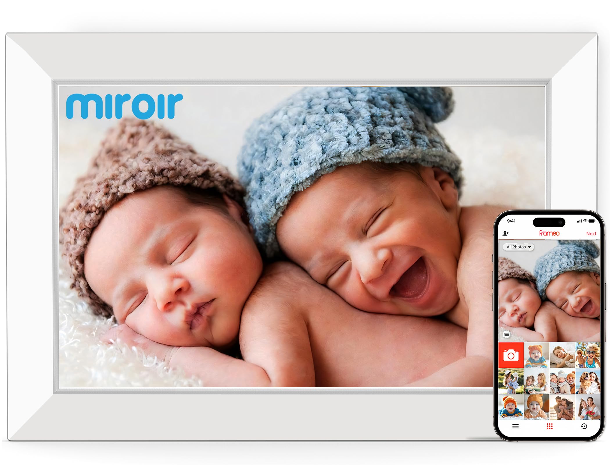 Miroir 10.1 Inch WiFi Digital Photo Frame via Frameo App, 1280x800 HD IPS Touch Screen Electric Picture Frame Display, 32GB Storage, Auto-Rotate, Wall Mountable, Share Photos/Videos Instantly