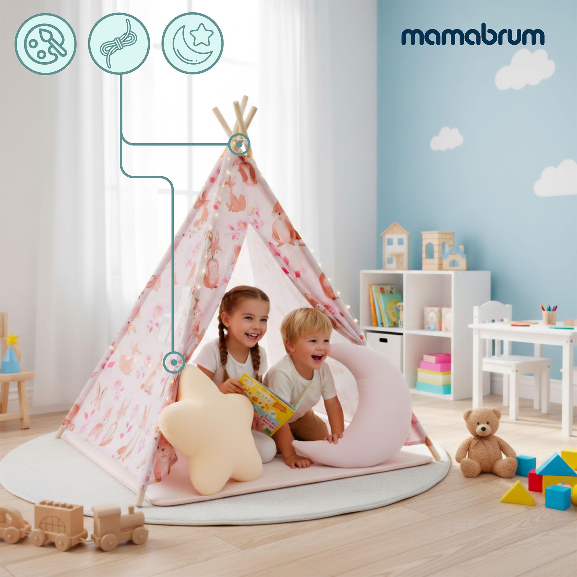 Mamabrum Różowe Tipi dla Dzieci z Leśnym Wzorem, Namiot do Pokoju Dziecięcego z Matą, Poduszkami i Lampkami LED, Przytulna Przestrzeń Zabawy i Relaksu 3+