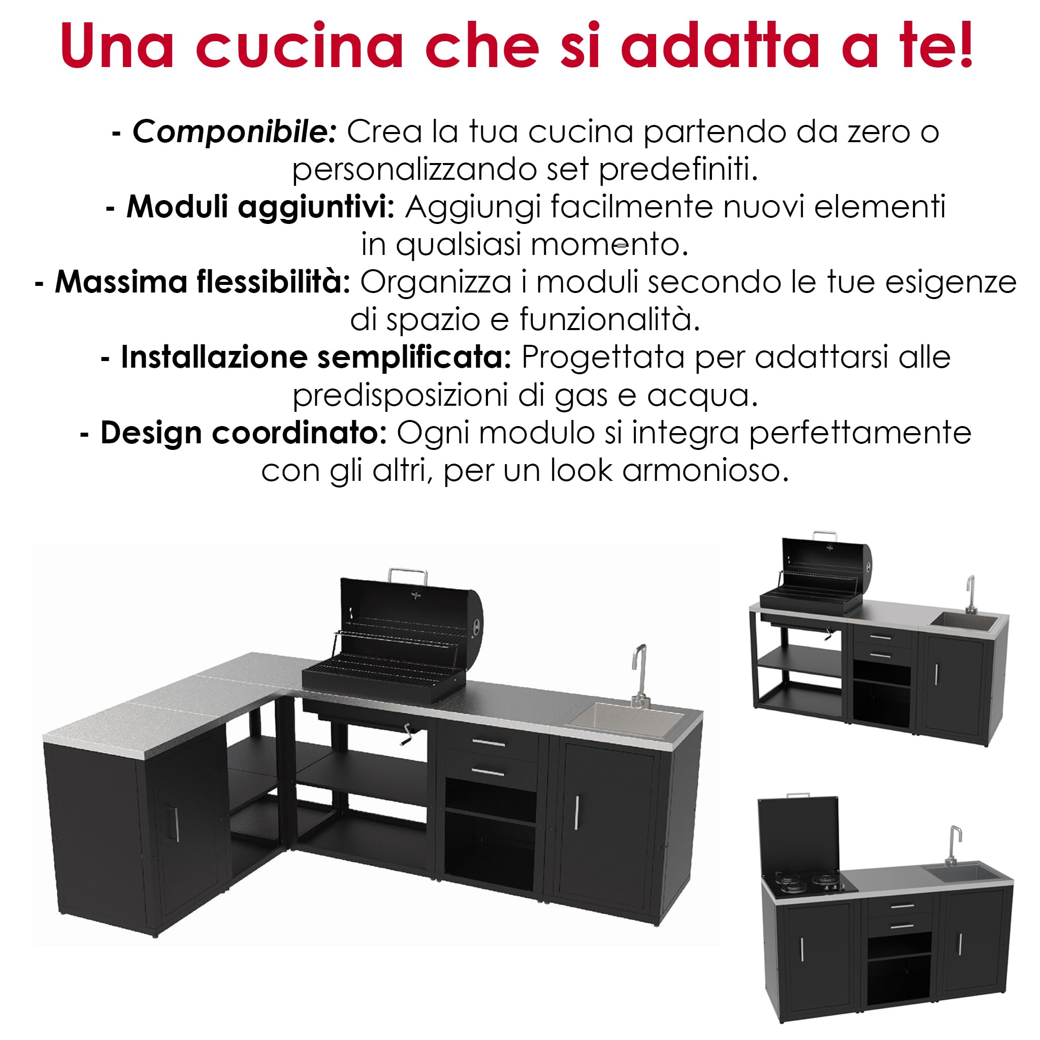 Set Cucina da Esterno a Gas 2 Elementi con Lavello Rubinetto e tagliere incassato - Struttura in Acciaio e Piano in Acciaio Inox - Nero
