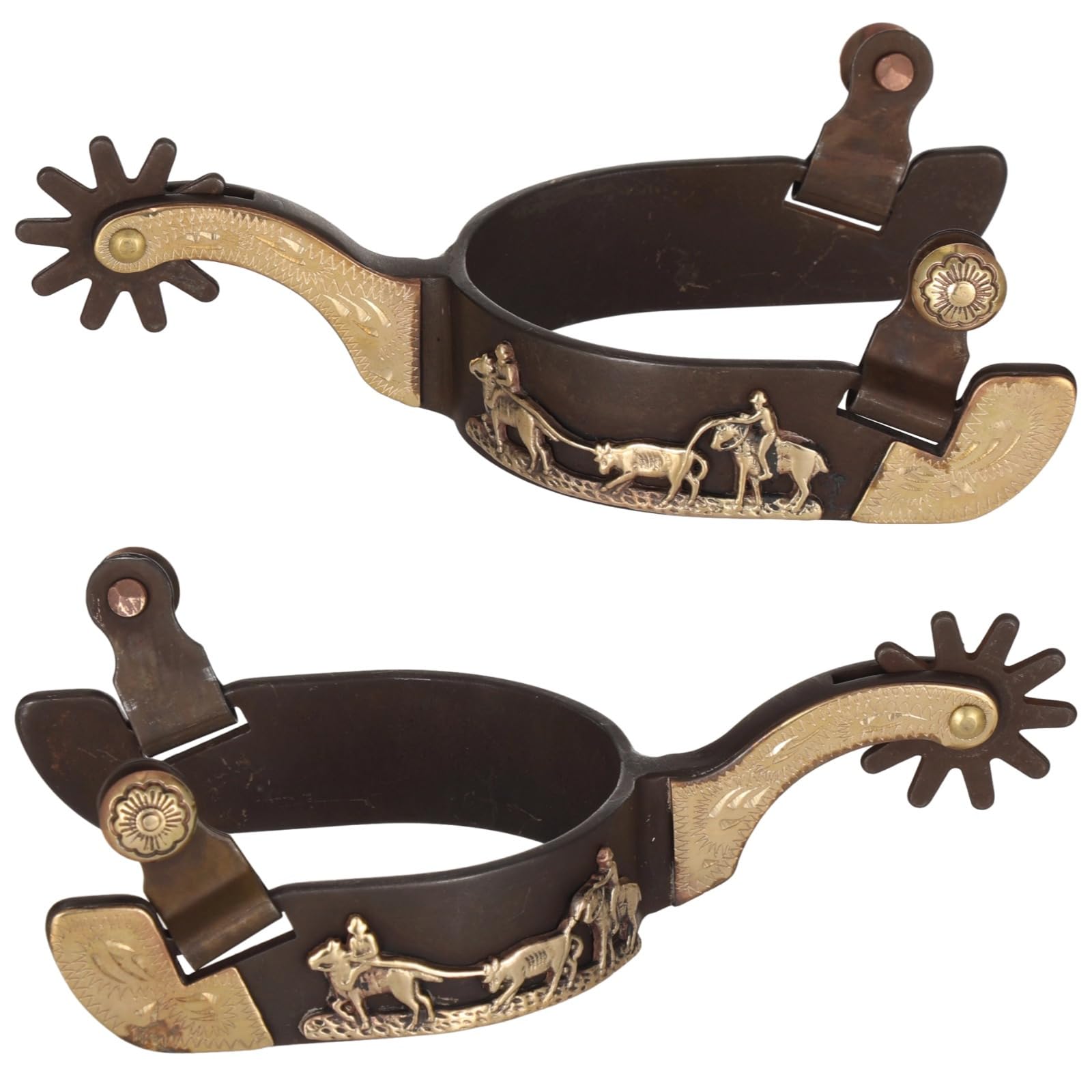 Speroni da cowboy con ingranaggio girevole, 2 speroni occidentali, con finiture incise, ideali per abbigliamento occidentale, speroni in acciaio a basso tenore di carbonio, design in rame antico e