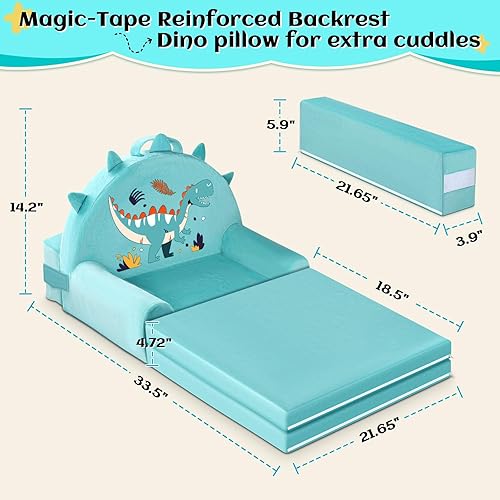 Miniatura 8 de Sofá cama de dinosaurio para niños con funda extraíble lavable y respaldo de cinta mágica - Silla plegable para niños pequeños, cómodos muebles de
