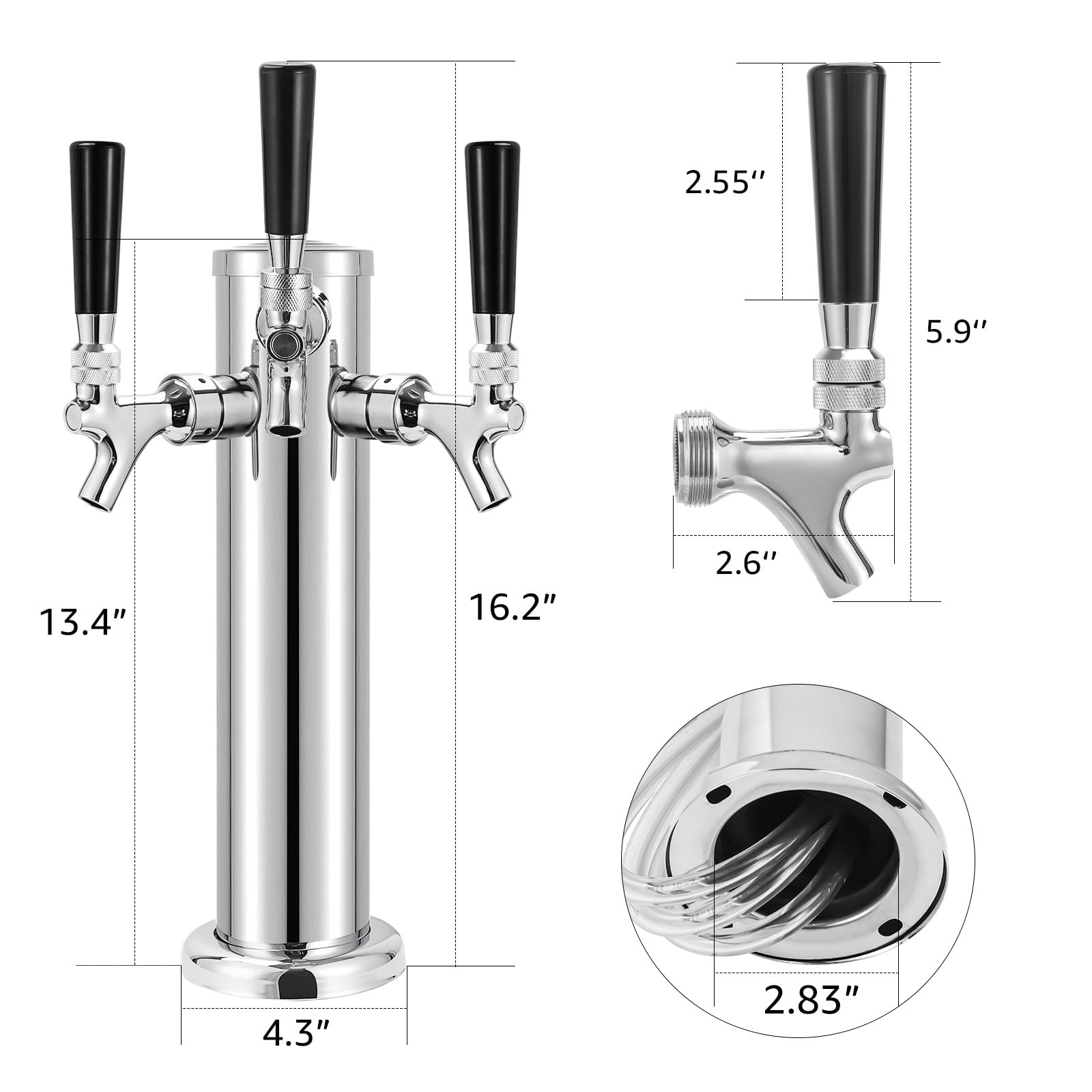 MRbrew 3 Tap Beer Tower Draft Beer Kegerator Tower Beer Dispenser Beer Tap Tower, Stainless Steel Tower 3'' Keg Tower Pre-assembled Line Beer Faucet Dispenser Kit For Home, Bar, Party