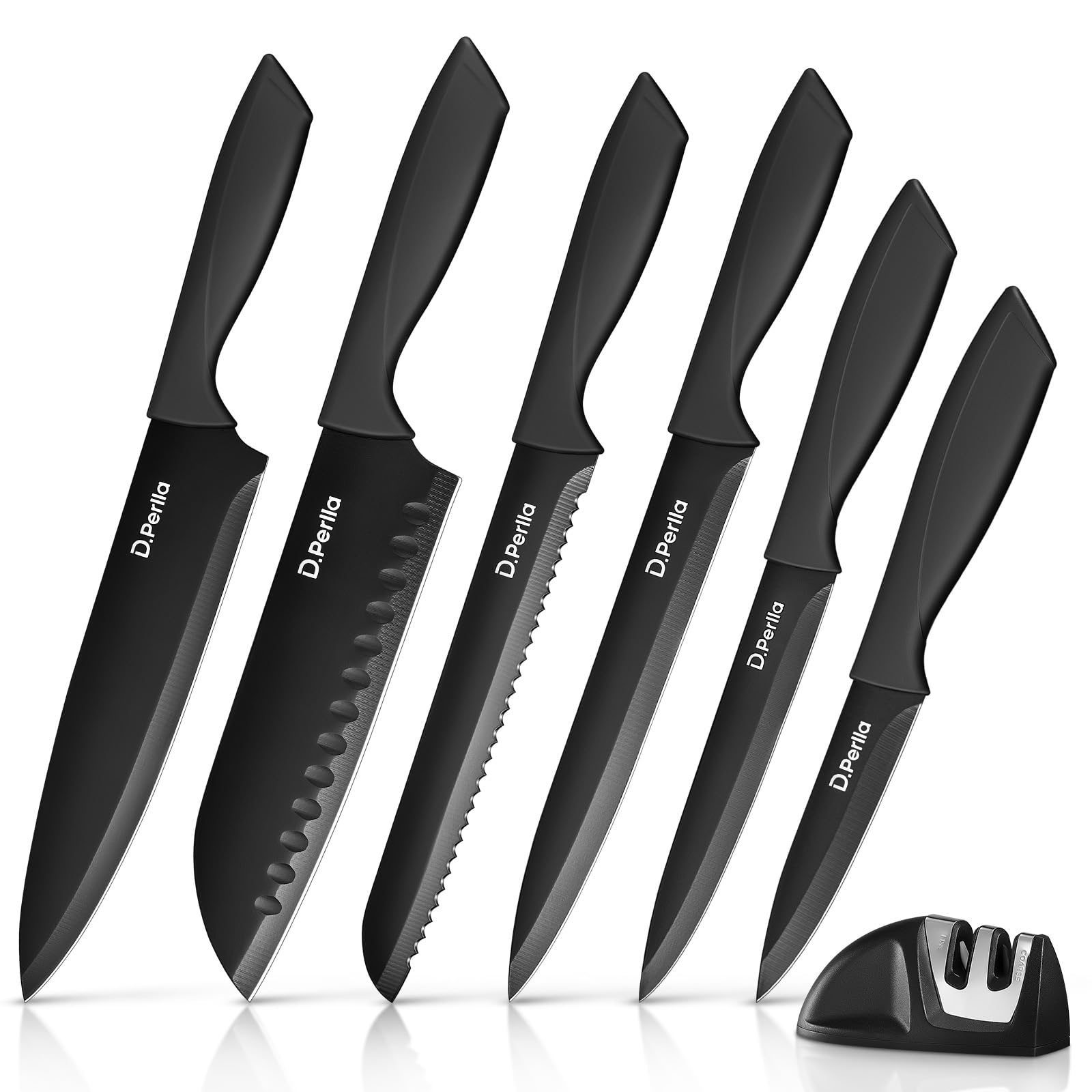D.Perlla Kitchen Knife Set with Sharpener 7 Pieces Stainless Steel Black Knives Set with Nonstick Coating Dishwasher Safe Chef Knives Set Easy Grip Handle